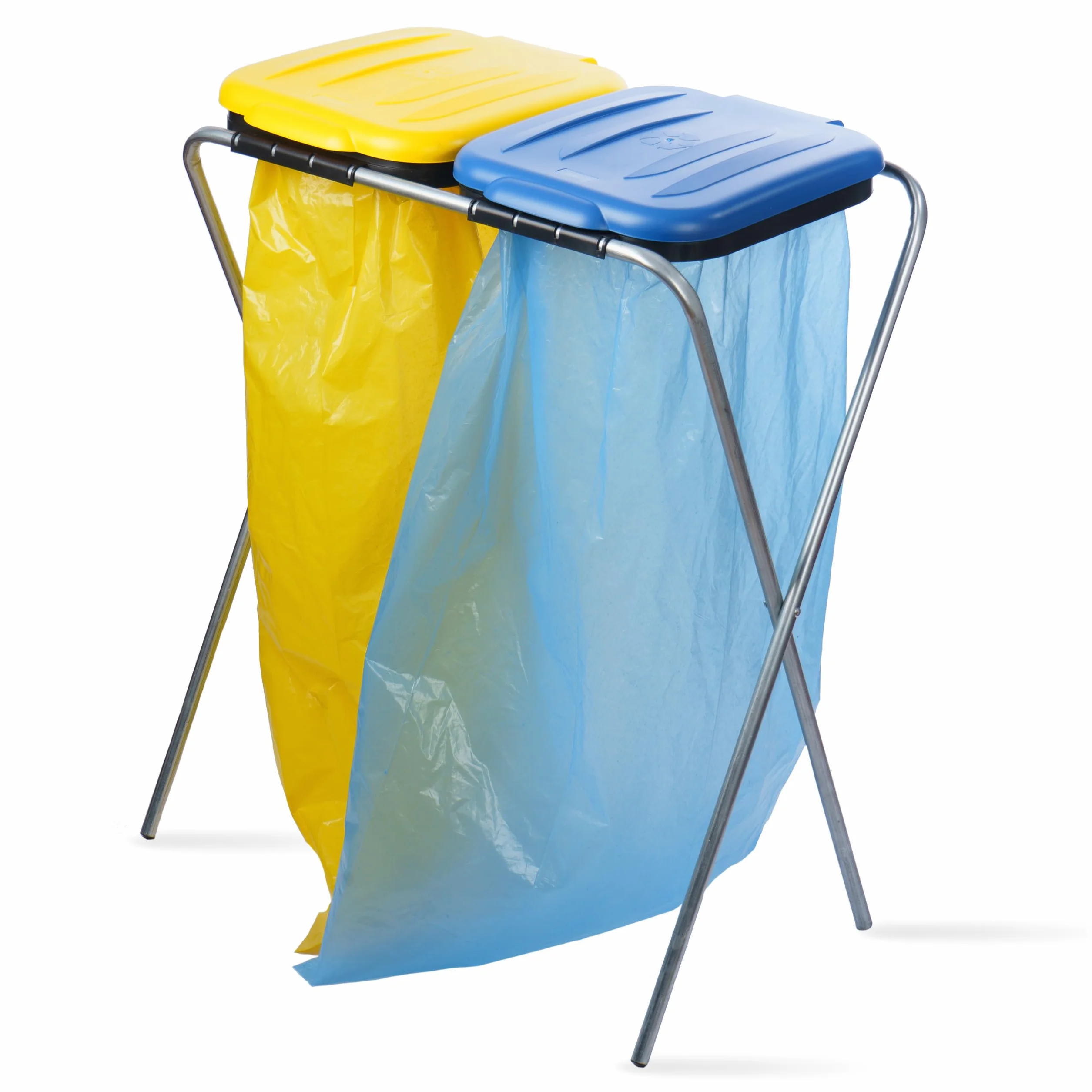 Stojak na worki do segregacji śmieci 2 stanowiska 120L ocynkowana stal z pokrywą 60x40x70 cm