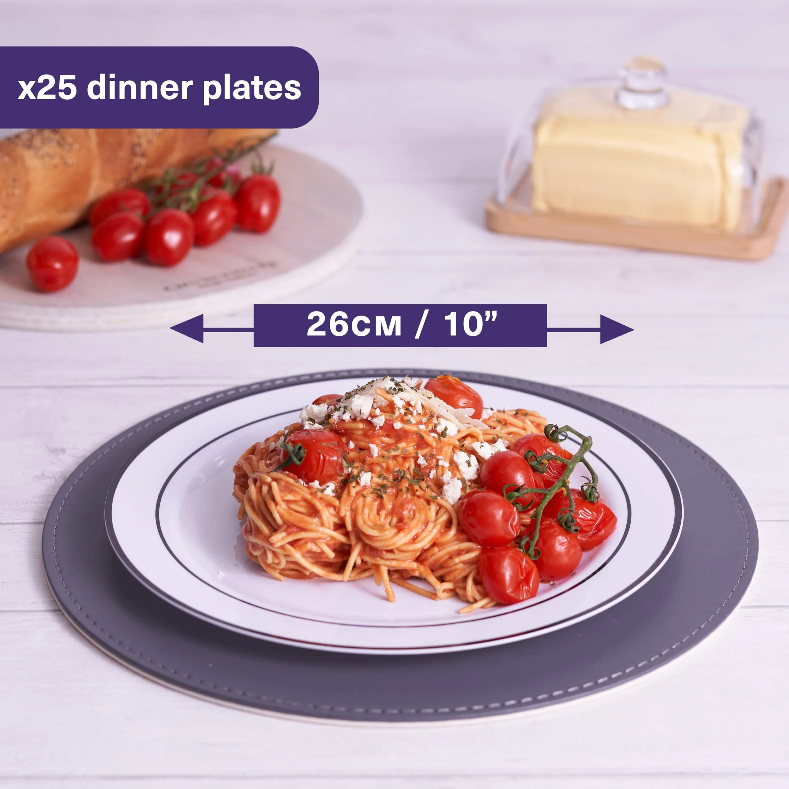 MATANA 25 białych plastikowych talerzy obiadowych premium z czarną krawędzią, 26 cm – eleganckie i wielokrotnego użytku talerze imprezowe na wesela, urodziny, piknik, grill, imprezy