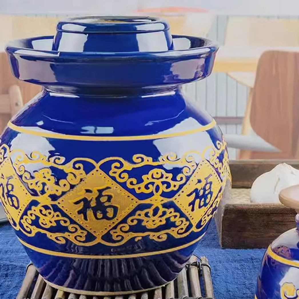 Duży ceramiczny słoik na marynaty z pokrywkami, niebieski tradycyjny porcelanowy słoik do marynowania, ceramiczny garnek fermentacyjny z uszczelką wodną pokrywką śluzy powietrznej, garnek z