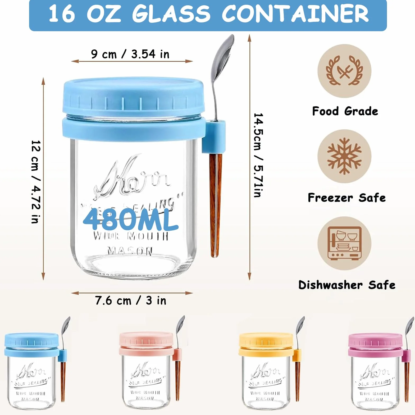 4 Sztuki Overnight Oats Słoiki z Pokrywką i Łyżeczkami, 480 ml Słoik Śniadaniowy na Owsiankę Słoiki do Przygotowywania Posiłków na Chutney, Pudding, Jogurt, Owoce, Przyprawy, Fasola