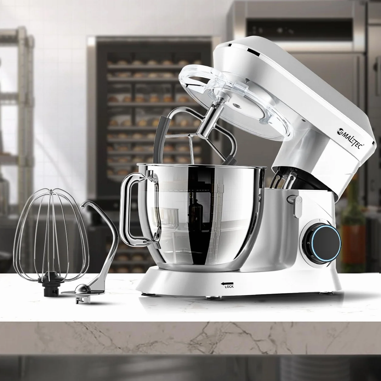 MalTec Planet robot kuchenny | MaltecChef 2200 W maszyna do ugniatania | mieszadło, hak do zagniatania, trzepaczka, ochrona przed pryskaniem | 6 prędkości i 4 funkcje | robot kuchenny SILVER 6 l