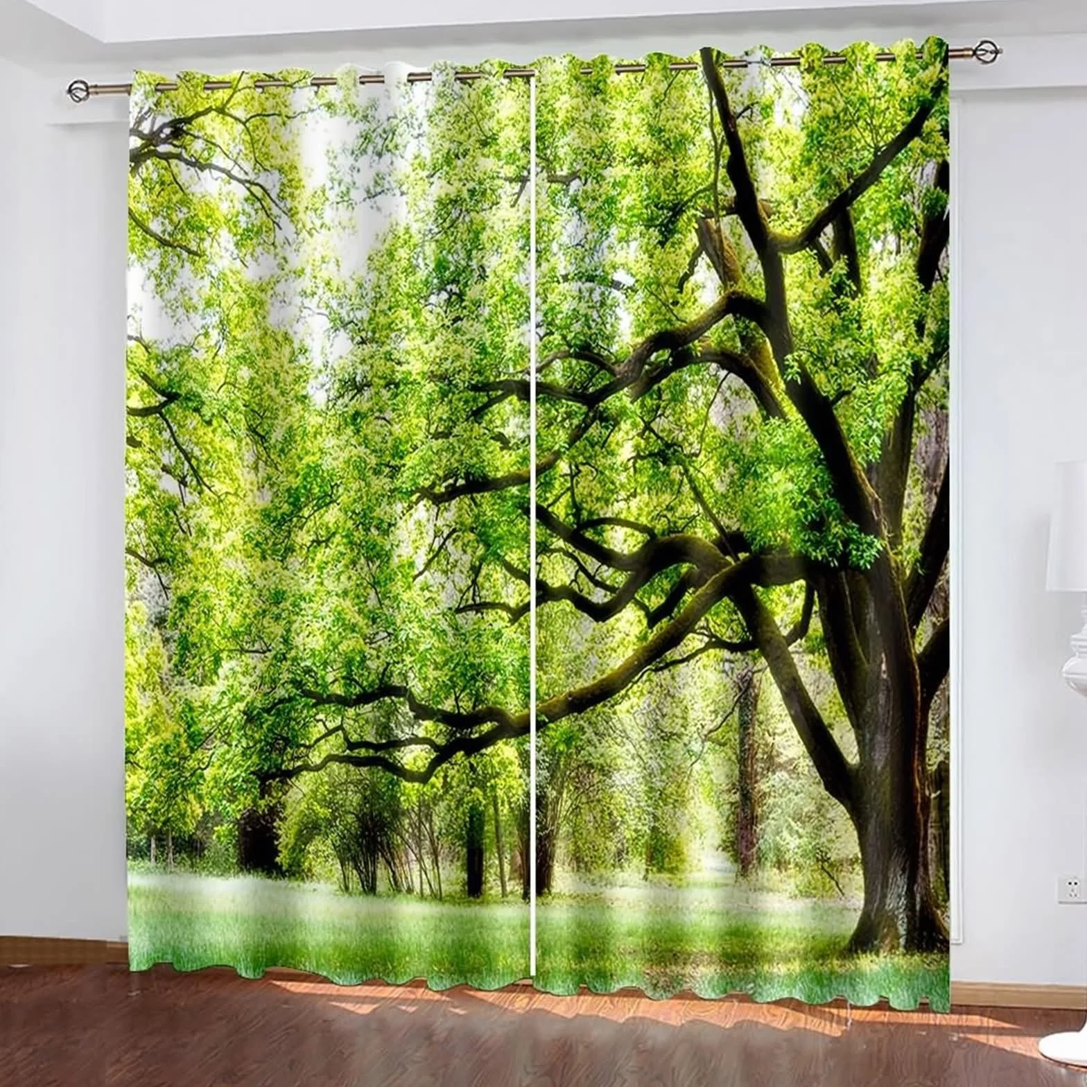 Zasłona okienna kuchenna, zasłona zaciemniająca okno kuchenne zielony brązowy las zielony poliester 2 panele 274 x 244 cm