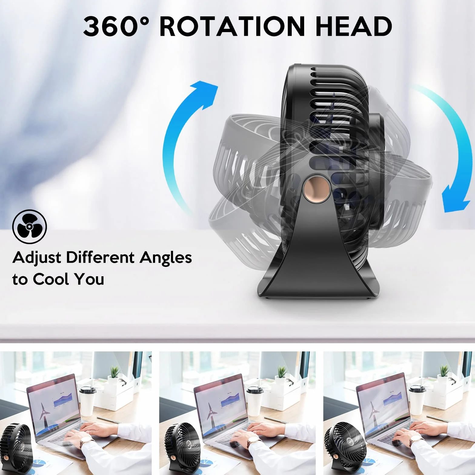 KICLBD M93 Mini wentylator z 5 prędkościami, silny przepływ powietrza, chłodzenie, przenośny i bardzo cichy, obracana o 360° głowica, ładowanie USB, do domu, biura, sypialni, biblioteki, czarny