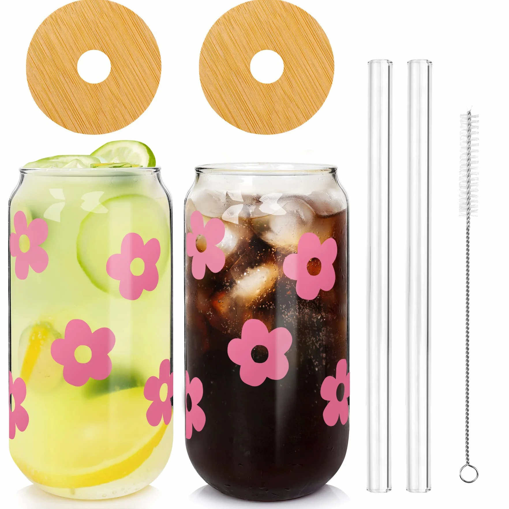 Mason Life Szklanka do puszki piwa z pokrywkami i słomką, kubki w kształcie, szklanki do picia 590 ml, szklanki do kawy mrożonej, szklanka do smoothie (różowy kwiat x 2)