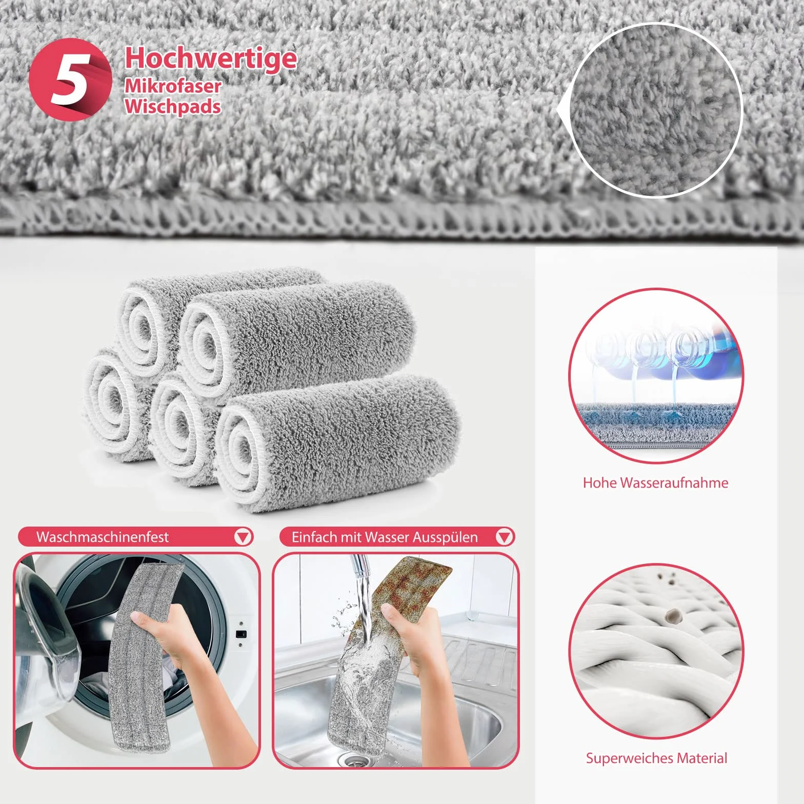 Myiosus Mop do podłóg, mop do podłogi, szerokość 60 cm, z uchwytem ze stali nierdzewnej, regulowany uchwyt ze stali nierdzewnej, płaski mop z mikrofibry, obracany o 360°, do płytek z twardego drewna