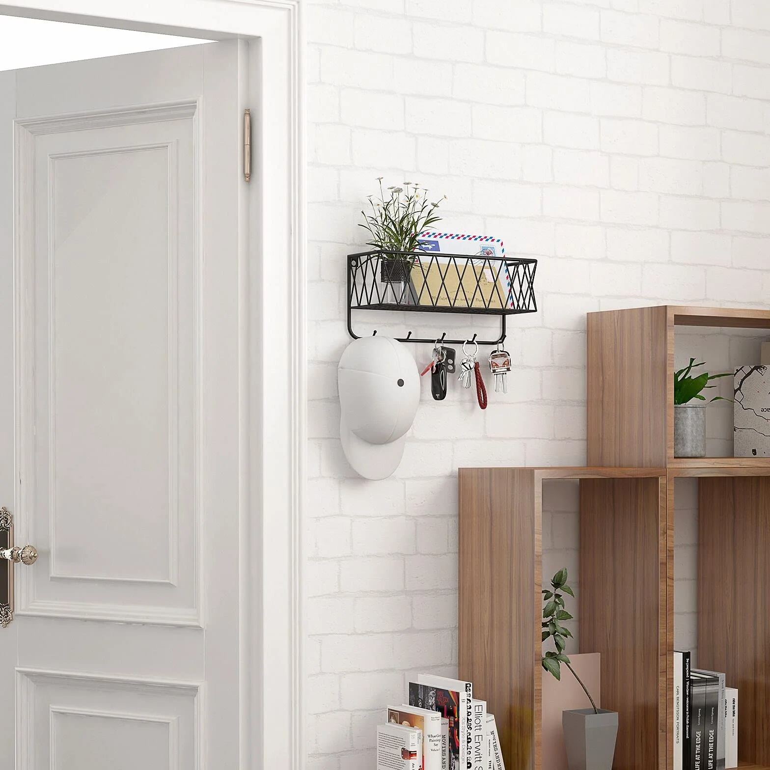 Uchwyt na klucze OROPY na ścianę, uchwyt na listy z 5 haczykami, wytrzymały czarny matowy metalowy koszyk z siatki drucianej, 29 × 16,5 × 9 cm naścienne haczyki na klucze do przedpokoju, sypialni