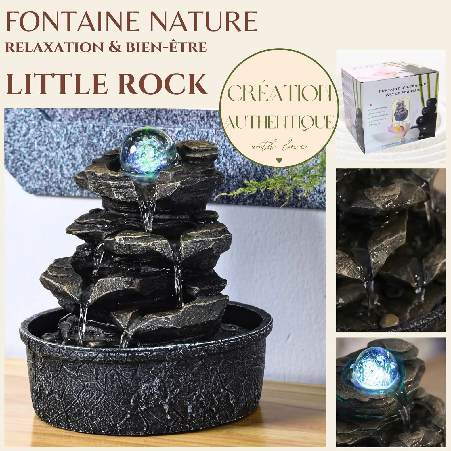 Zen Light Little-Rock Fontanna Dekoracyjna, Ciemnobrązowy, 20 x 20 x 23 cm