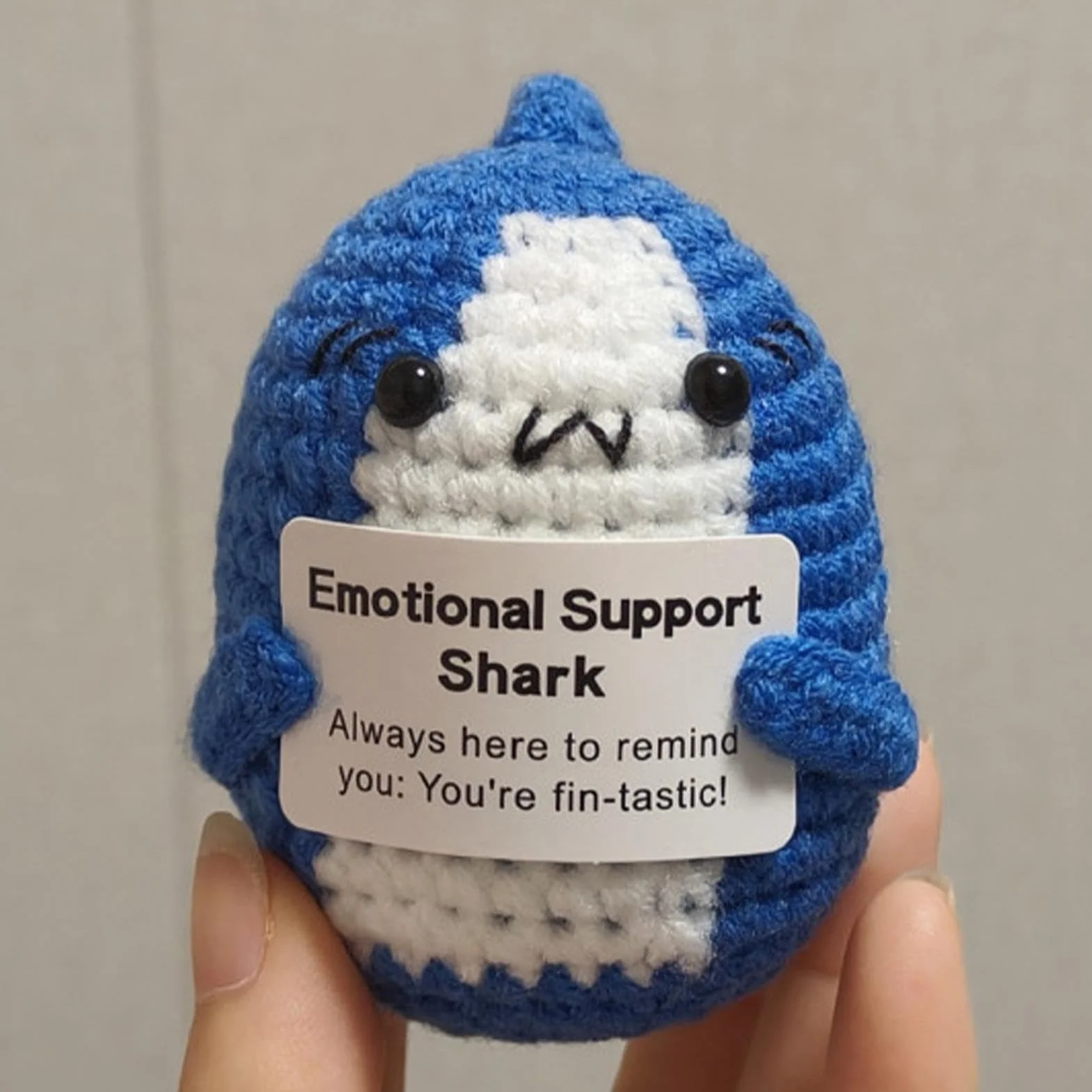 Emotional Support Shark, Positive Knitted Shark, 2.36x2.17x2.95in Soft Plush Support Animal, Gray/Pink/Blue Handmade Harpy Doll, Comforting Stuffed Toy for Boys and Girls