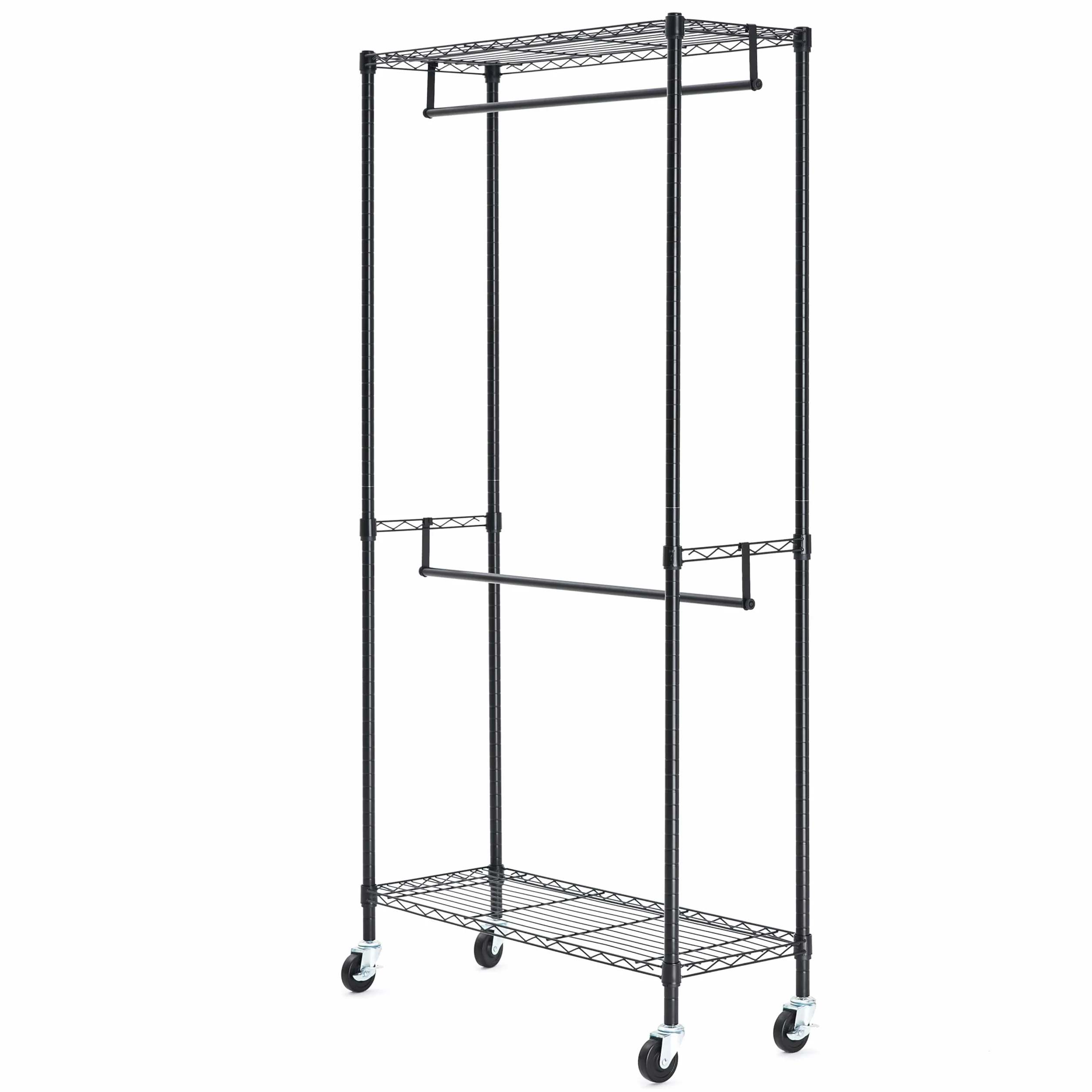Amazon Basics Regulowany wieszak na ubrania z dwoma drążkami, stojak na kółkach, czarny 91x35,5x183 cm