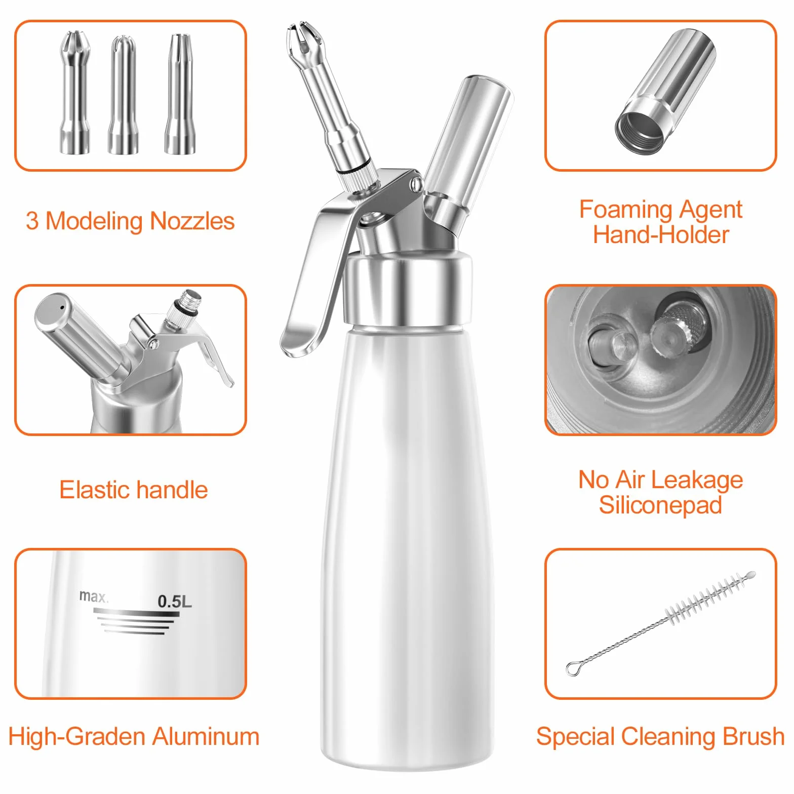 Newaner Syfon do bitej śmietany 500 ml, z aluminium, z 3 końcówkami ze stali nierdzewnej, 1 szczotka do czyszczenia, do dekoracji tortów urodzinowych, ciast, lodów i deserów