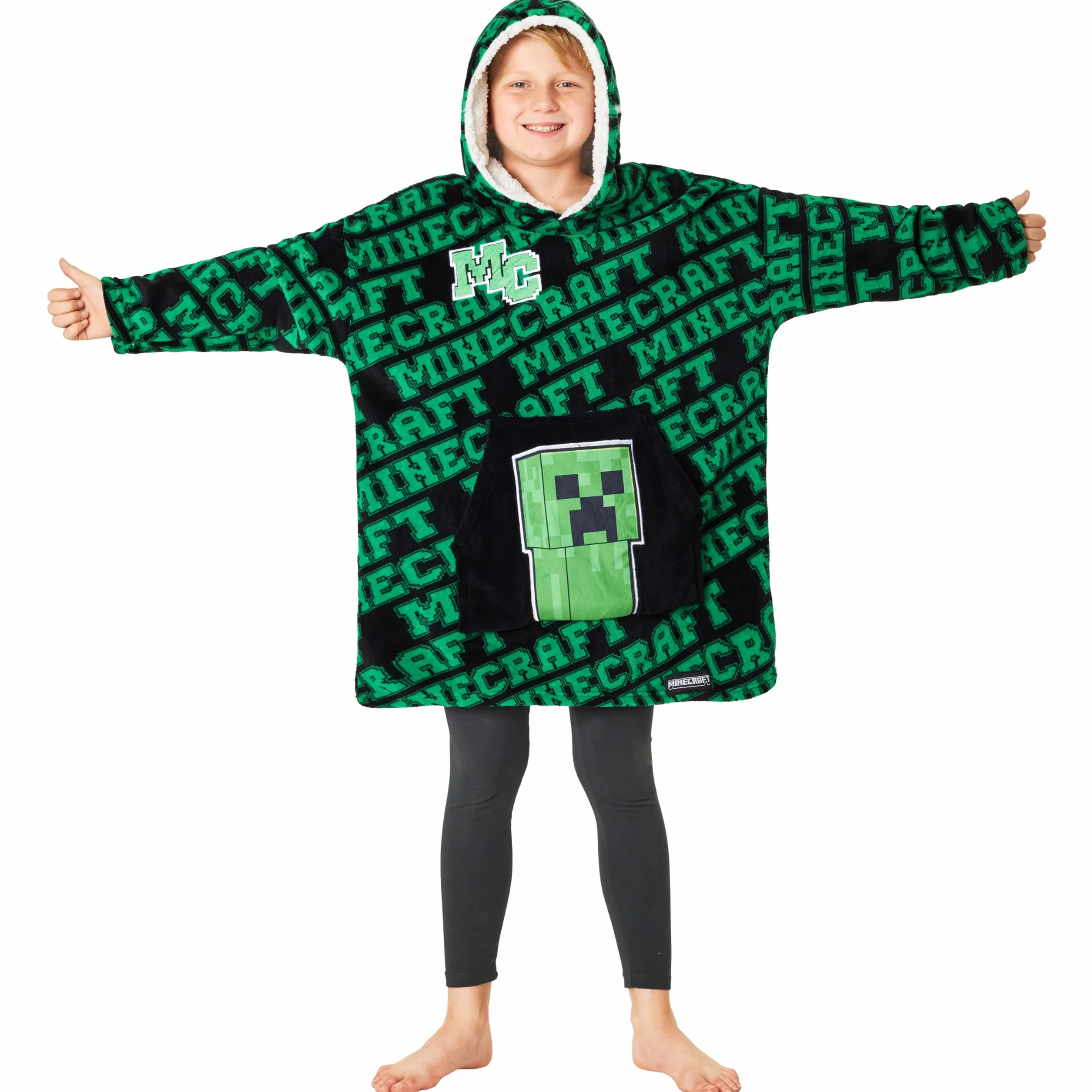 Minecraft Koc z kapturem, dla chłopców, nastolatków, Creeper, koc do noszenia, odzież wypoczynkowa, ponadwymiarowe ponczo polarowe, prezenty dla graczy dla chłopców, Zielony/Czarny, One Size