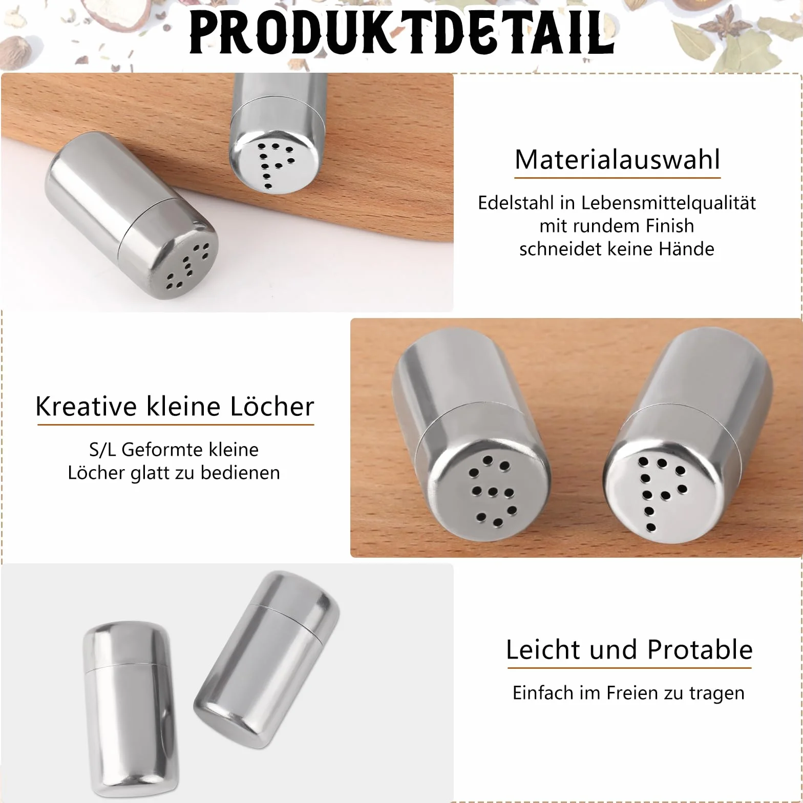 4 mini solniczki, 5 ml, stali nierdzewnej, z pokrywką, do przypraw, na kemping, grillowanie i domowe użycie