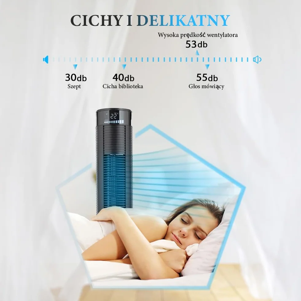 PureMate Cichy Wentylator Kolumnowy z Pilotem Zdalnego Sterowania, Wieżowy Stojący Podłogowy, 45W, Wysokość 97 cm, Bezśmigłowy Bezłopatkowy Chłodzący, Automatyczna Oscylacja 70°, 12h Timer