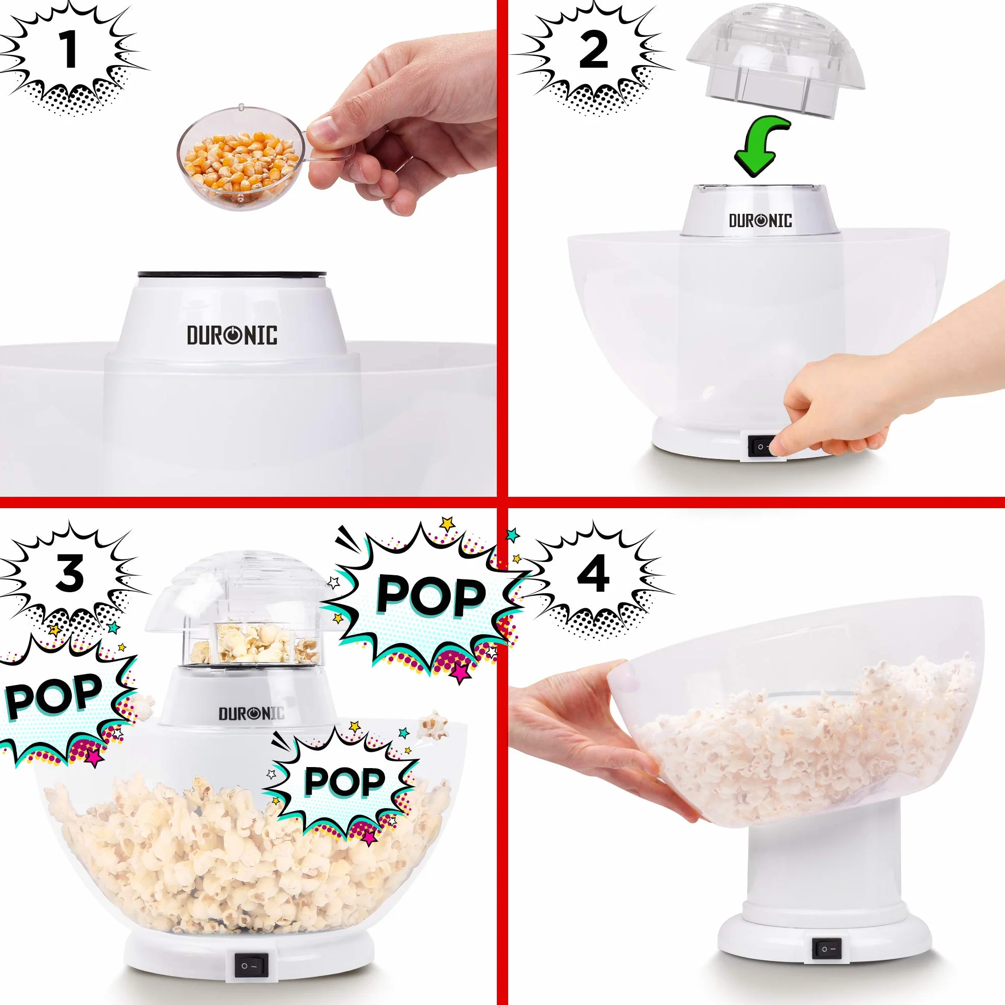 Duronic POP50 WE Maszyna do popcornu automat 1200W z wyjmowaną misą bezolejowa | do prażenia ziaren kukurydzy bez tłuszczu | pojemność: 50g ziaren | niskokaloryczna przekąska | na gorące powietrze