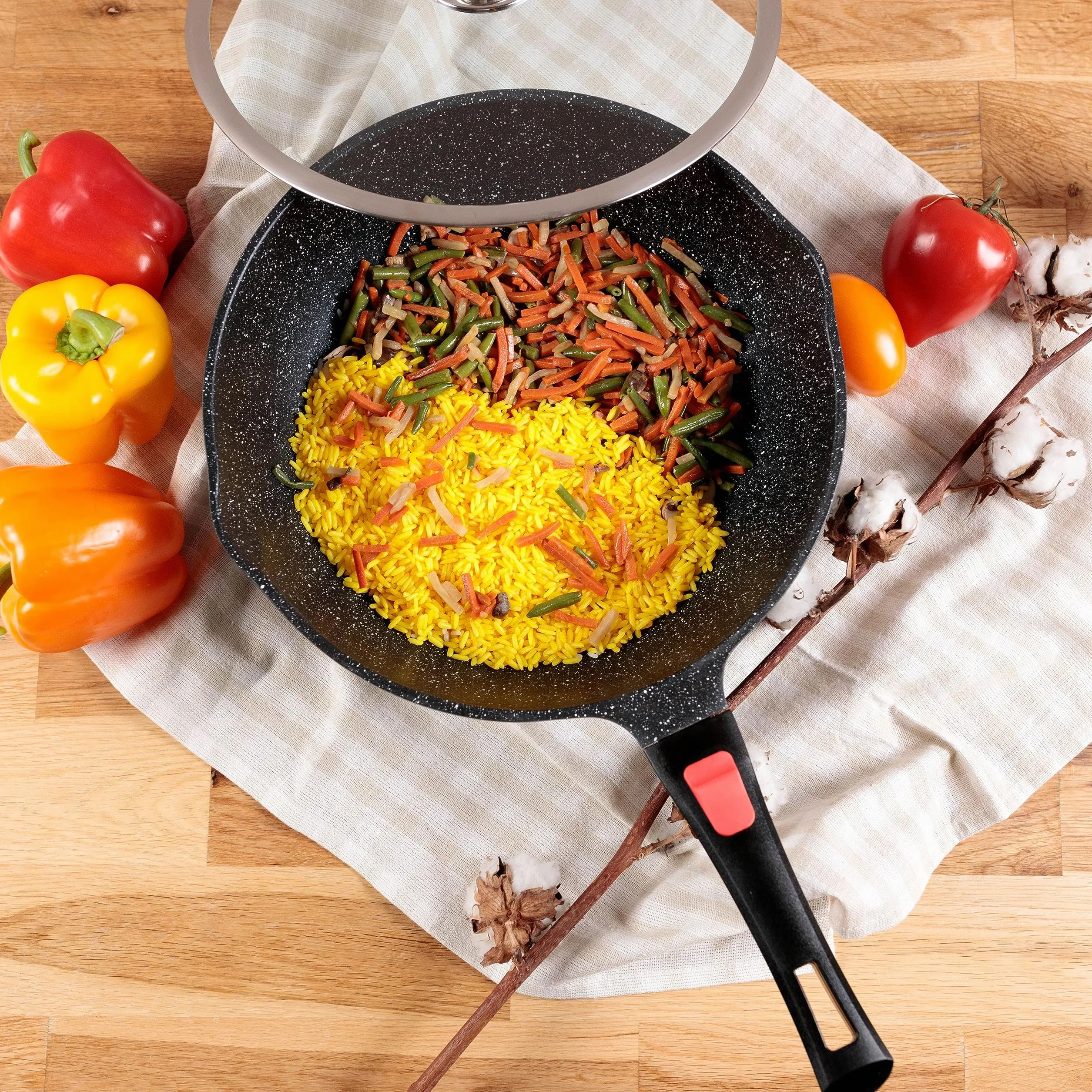 Kamberg – wok 30 cm – zdejmowany uchwyt – odlew aluminiowy – powłoka o wyglądzie kamienia – ze szklaną pokrywką – do wszystkich rodzajów kuchenek, również indukcyjnych, bez PFOA, aluminium