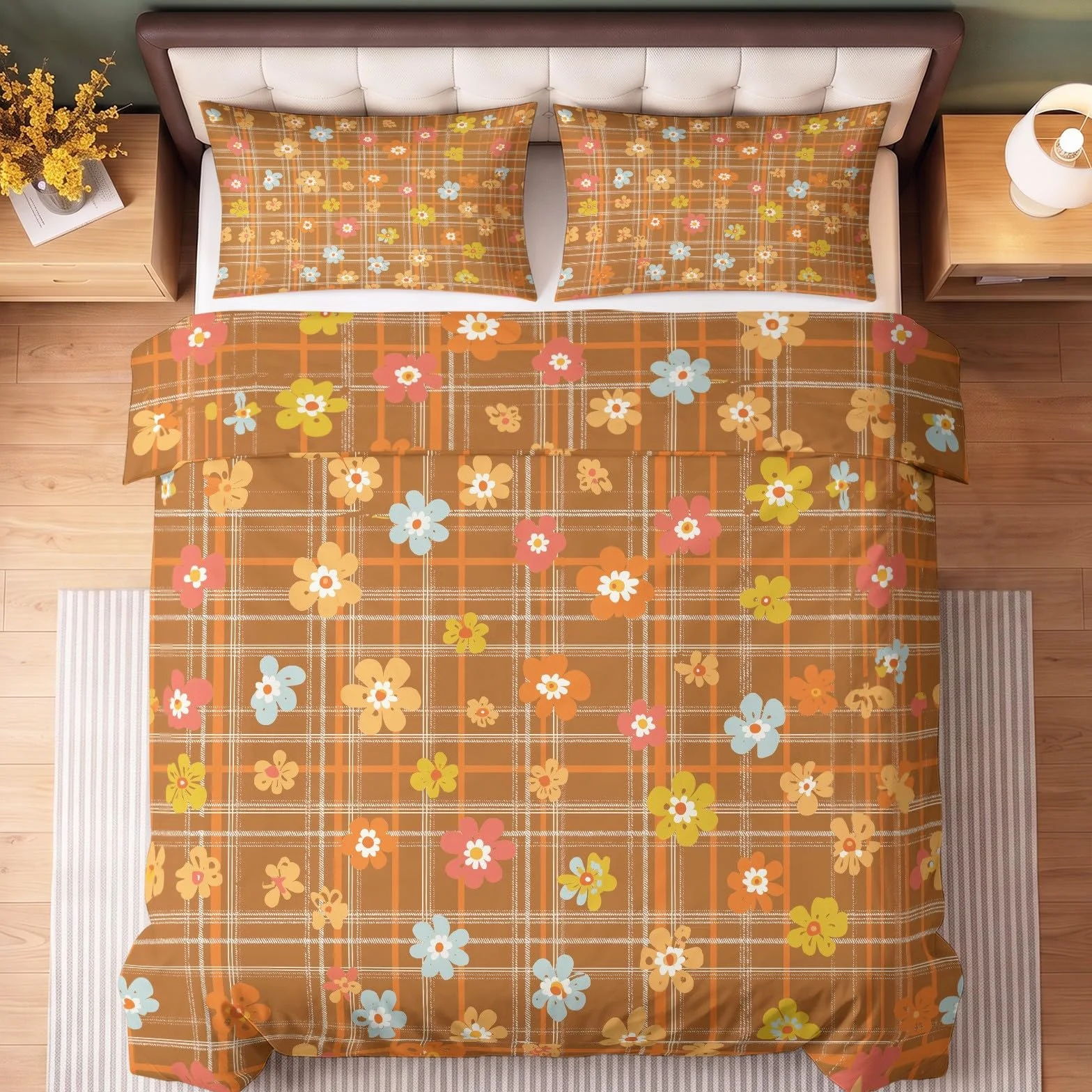 Générique Małe kwiaty w kolorze brązowym retro poszwa na kołdrę 200 x 200 cm, 3-częściowy zestaw pościeli z 2 poszewkami na poduszki, zestaw pościeli z mikrofibry do sypialni