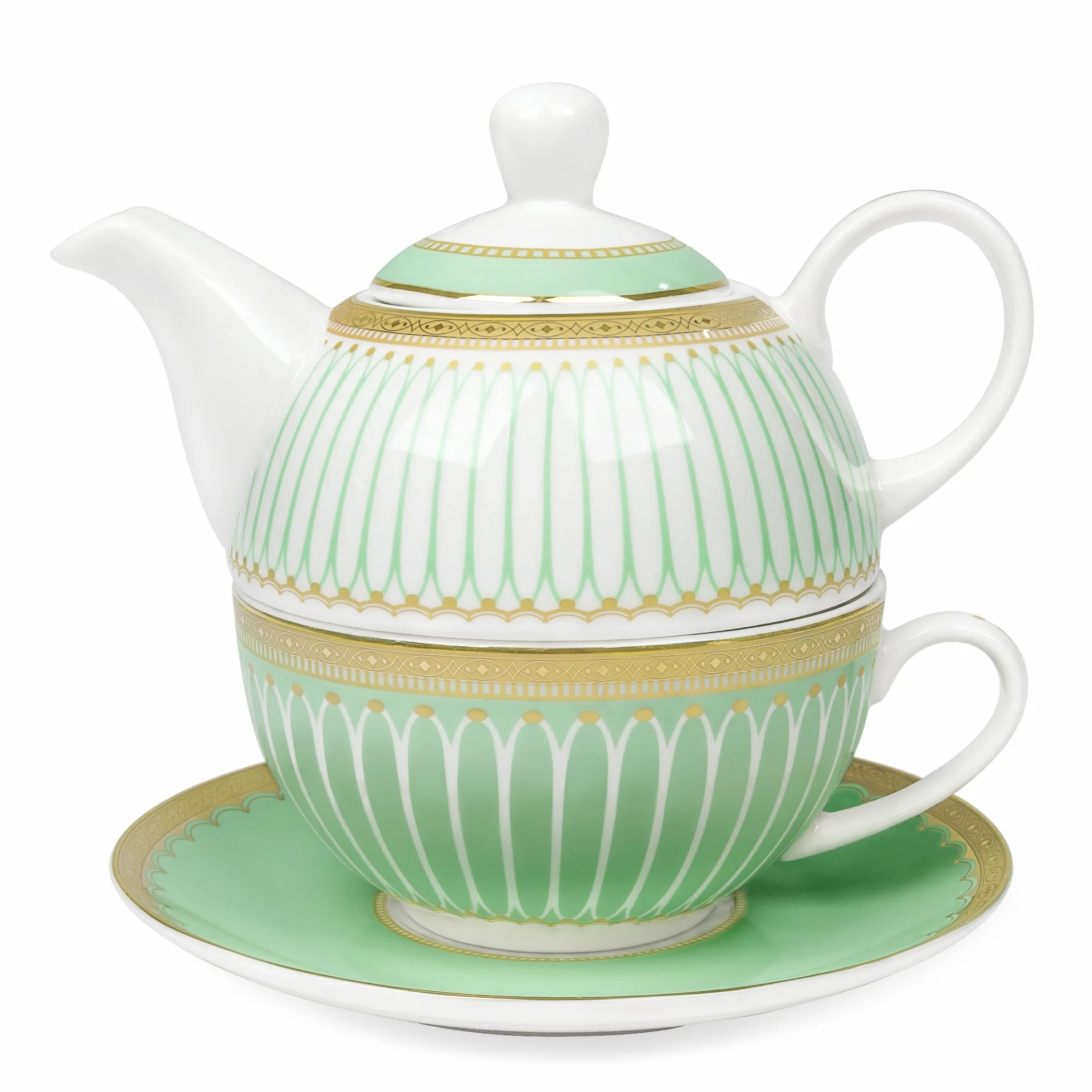 fanquare Zestaw do herbaty Tea for One z złotym obramowaniem, zielony zestaw do herbaty dla dorosłych, ceramiczna filiżanka do kawy z podstawką, klasycznie w paski
