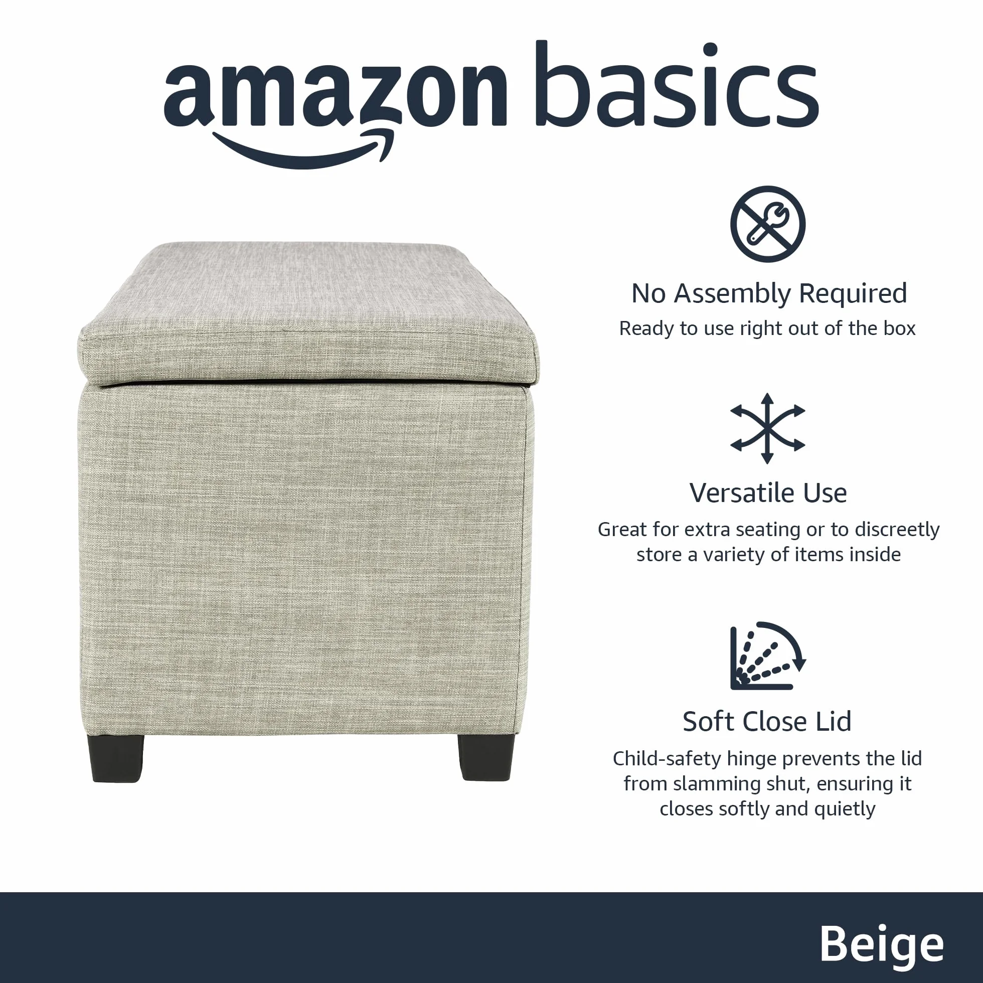 Amazon Basics prostokątna otomana i ławka do przedpokoju ze schowkiem, wyściełana, poliester, beżowa, 42 x 91 x 43 cm (szer. x gł. x wys.)
