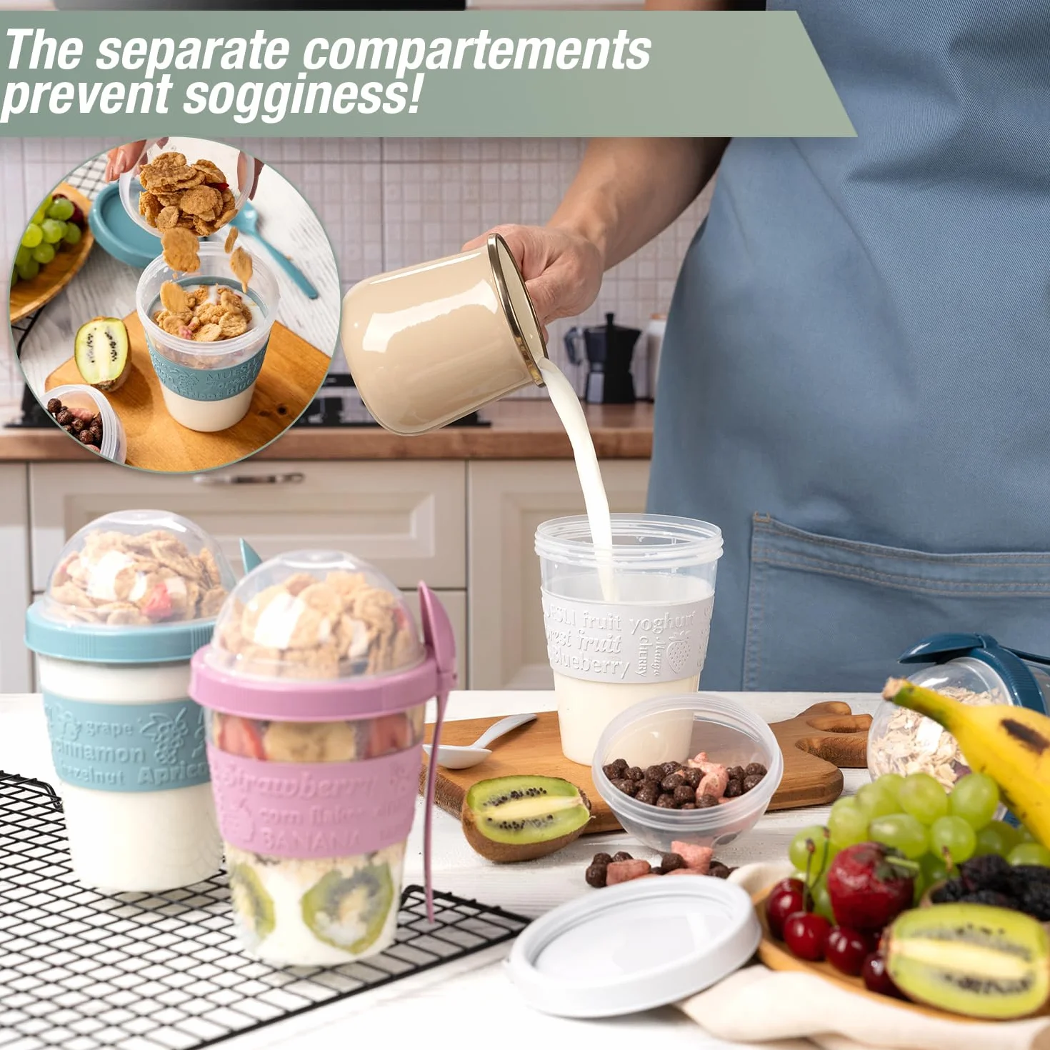 EYNEL 4-pak On The Go Kubki na jogurt i płatki śniadaniowe, pokrywki, łyżka, pojemnik na owoce, wielokrotnego użytku, parfait, dzbanek na mleko, granola