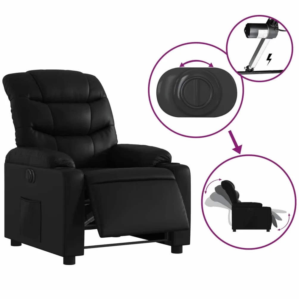 Fotel relaksacyjny elektryczny z funkcją leżenia, czarny, sztuczna skóra, 75,5 x 93 x 99,5 cm, regulowany, z podłokietnikami i oparciem, do salonu, biura, kącik do czytania, ergonomiczny