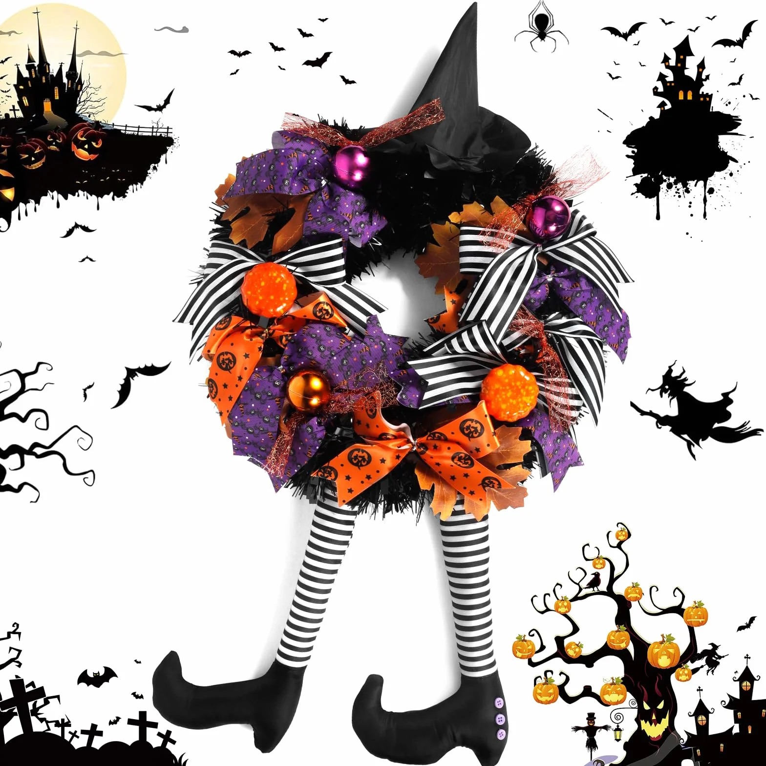 Halloweenowy Wieniec na Drzwi z Nogą Czarownicy, Kapeluszem Wiedźmy i Dynią - Dekoracja na Halloween