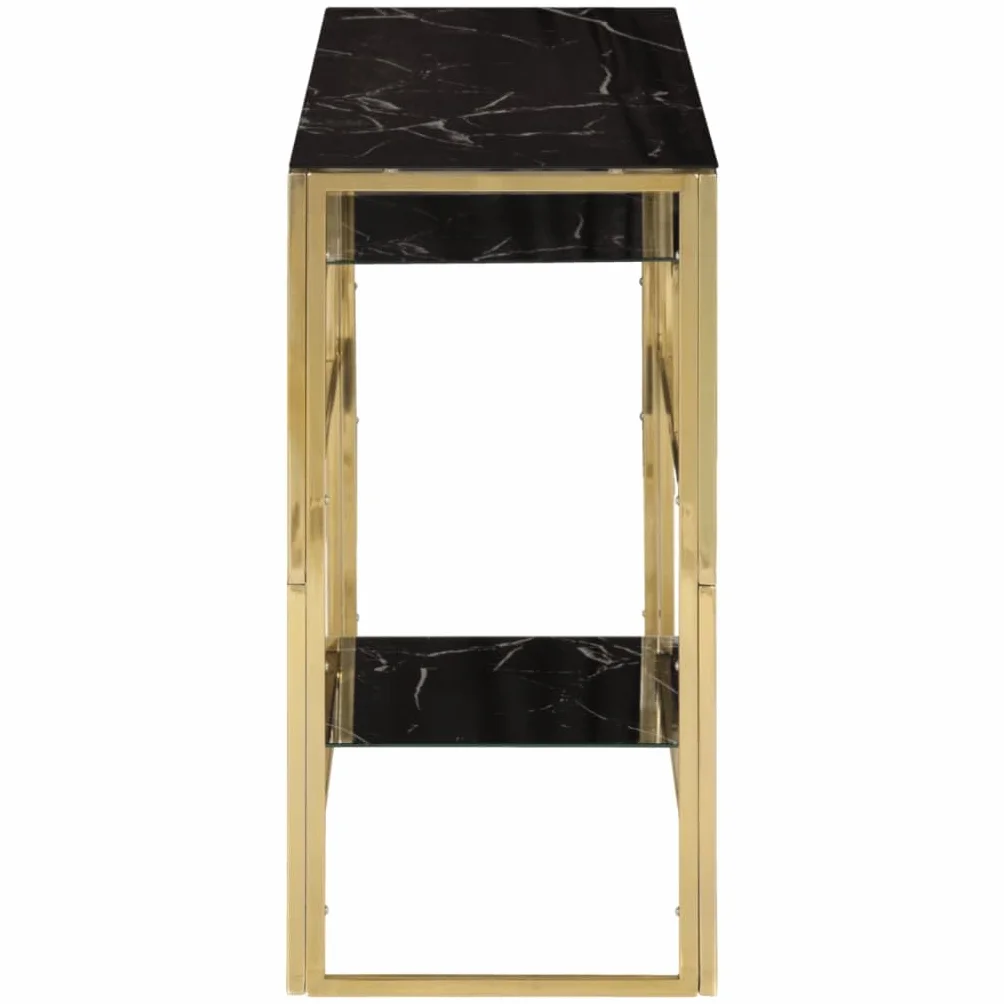 Stolik konsolowy, złoty, stal nierdzewna, szkło hartowane o wyglądzie marmuru, 110 x 35 x 70 cm, czarne szkło 4 mm, stolik pomocniczy, stół do korytarza, korytarza, salonu, biura