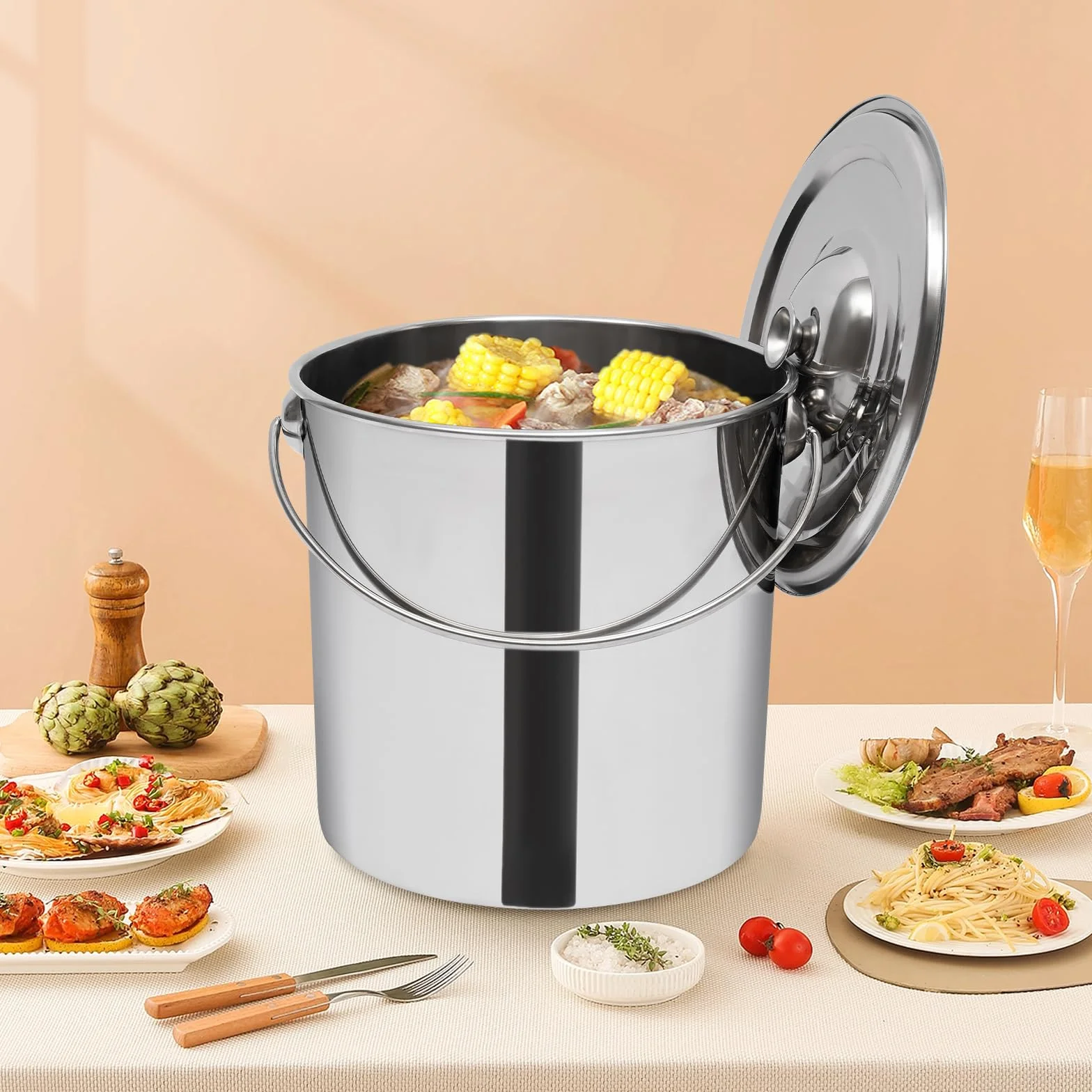 Kosz ze stali nierdzewnej przeznaczonej do kontaktu z żywnością, 20 l, z pokrywką, wykonany ze stali nierdzewnej 304, wzmocnione dno, do kuchni i gastronomii, do przechowywania żywności