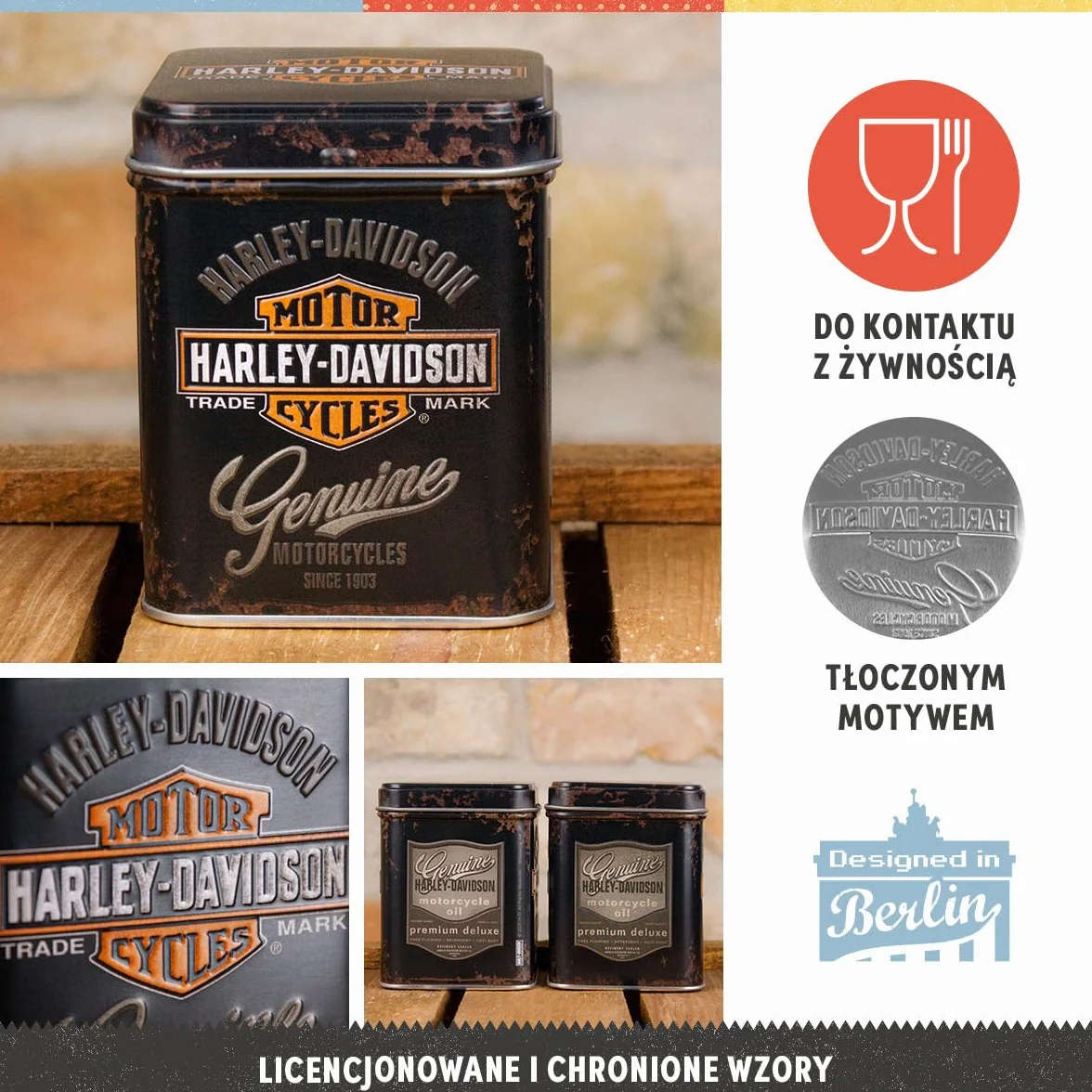 Nostalgic-Art Retro puszka na herbatę, 100 g, Harley-Davidson – Genuine Logo – Pomysł na prezent dla motocyklistów, Official License Product (OLP), metalowy pojemnik na herbatę, Styl vintage