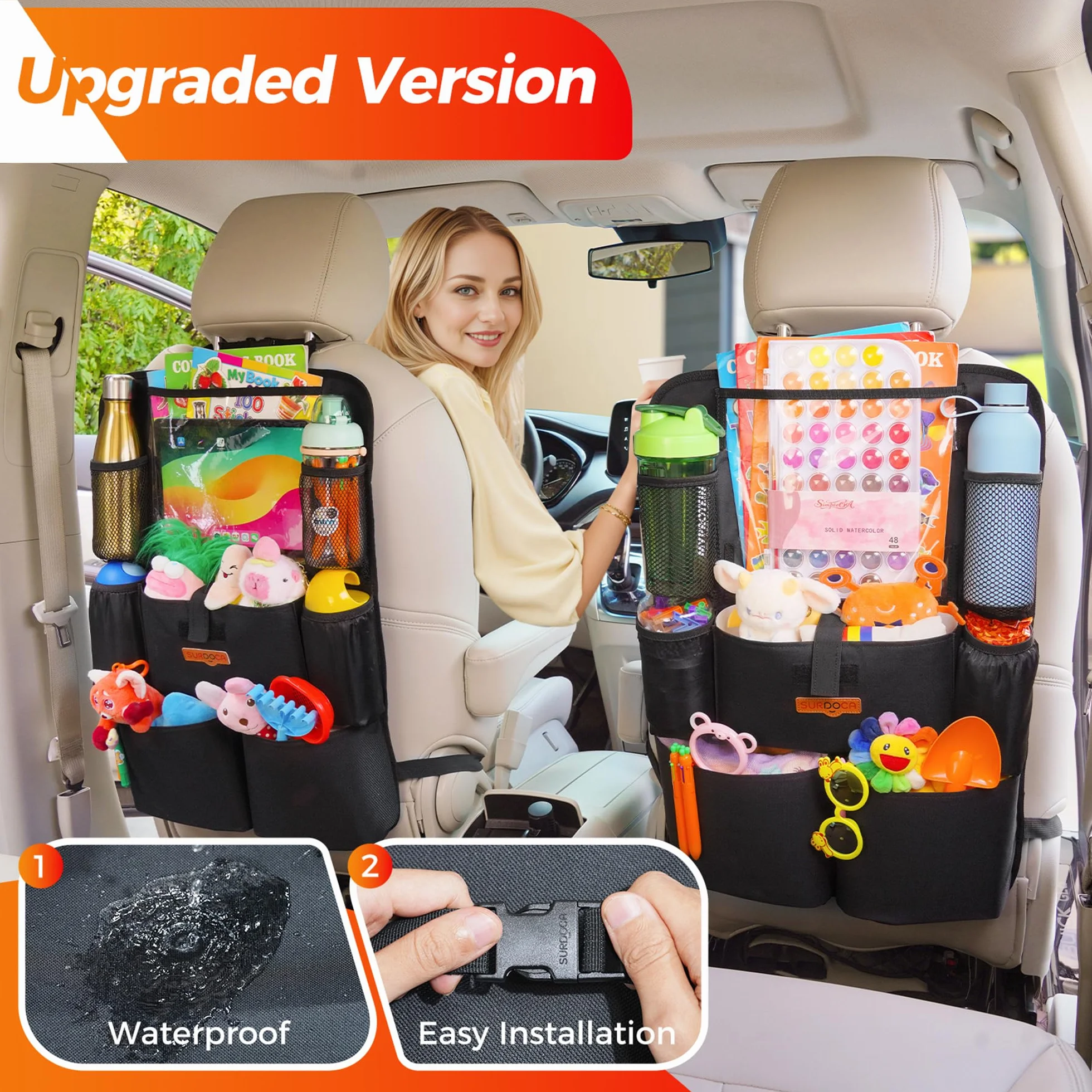 SURDOCA Organizer na fotel samochodowy – 4. generacji ulepszony organizer samochodowy na tylne siedzenie do 10,5 tablet i 9 kieszeni, przechowywanie zabawek dla dzieci, wodoszczelny (1 PC, Czarny)