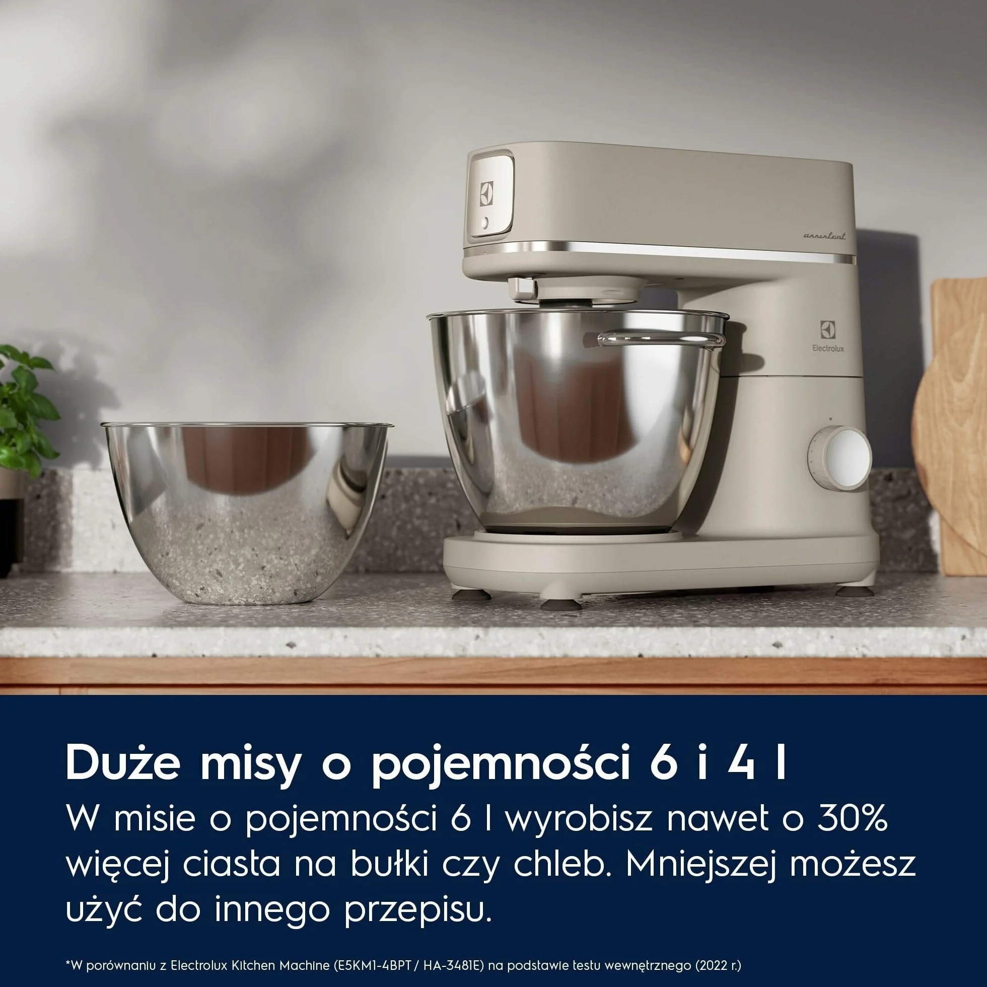 Electrolux Assistent Robot Kuchenny 700 E6KM1-4PPT, Dwie duże misy o pojemności 6 i 4 L, Pokrywa PerfectRiseLid, Funkcjonalna lampa LED, Monitorowanie mieszanki, 50W, Platynowa Perła