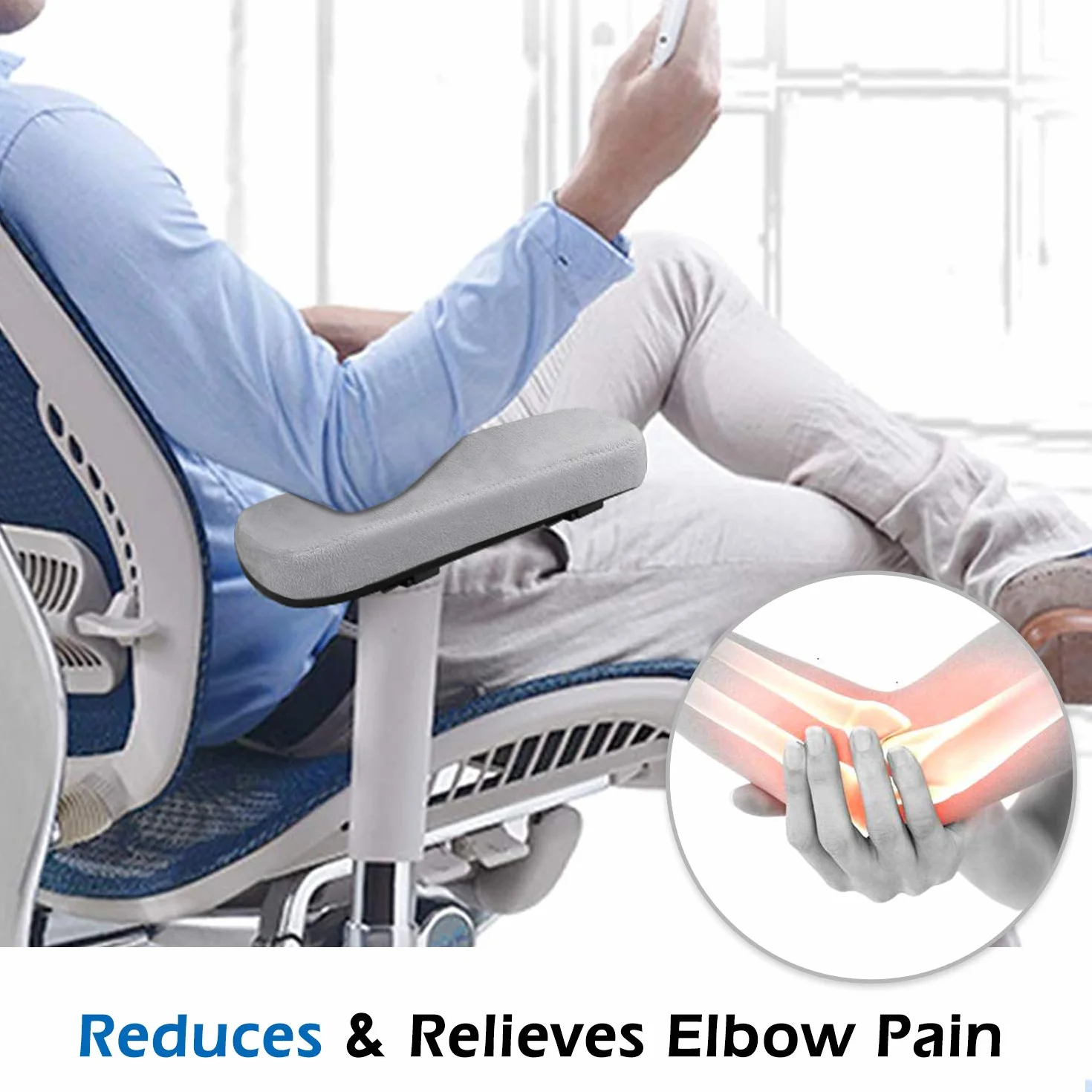 MoKo Office Chair Armrest Pads, Polyurethane Foam Soft Elbow Pillow - Universal Chair Arm Covers for Elbows and Forearms Pressure Relief - Gray(2 Pack)