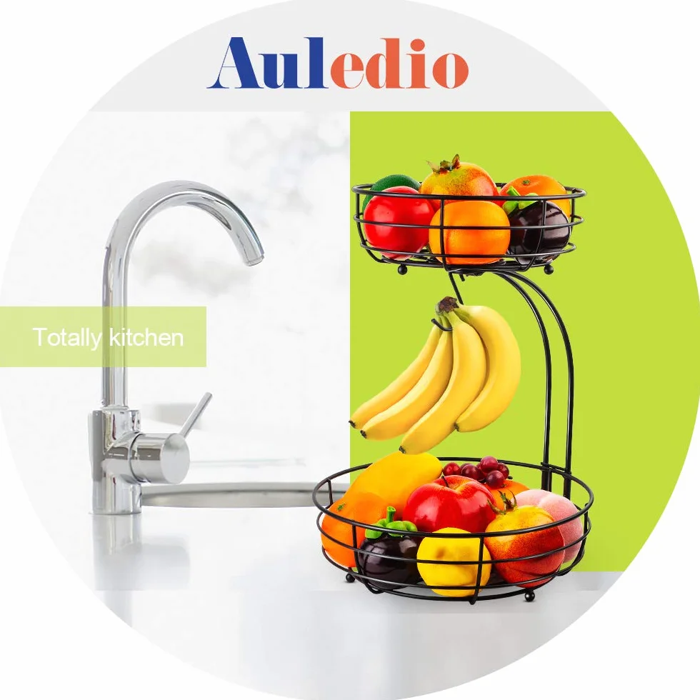 Auledio Kosz na owoce z uchwytem na banana, 2-poziomowa metalowa miska na owoce, kosz na chleb, stojak na warzywa, do kuchni, czarny