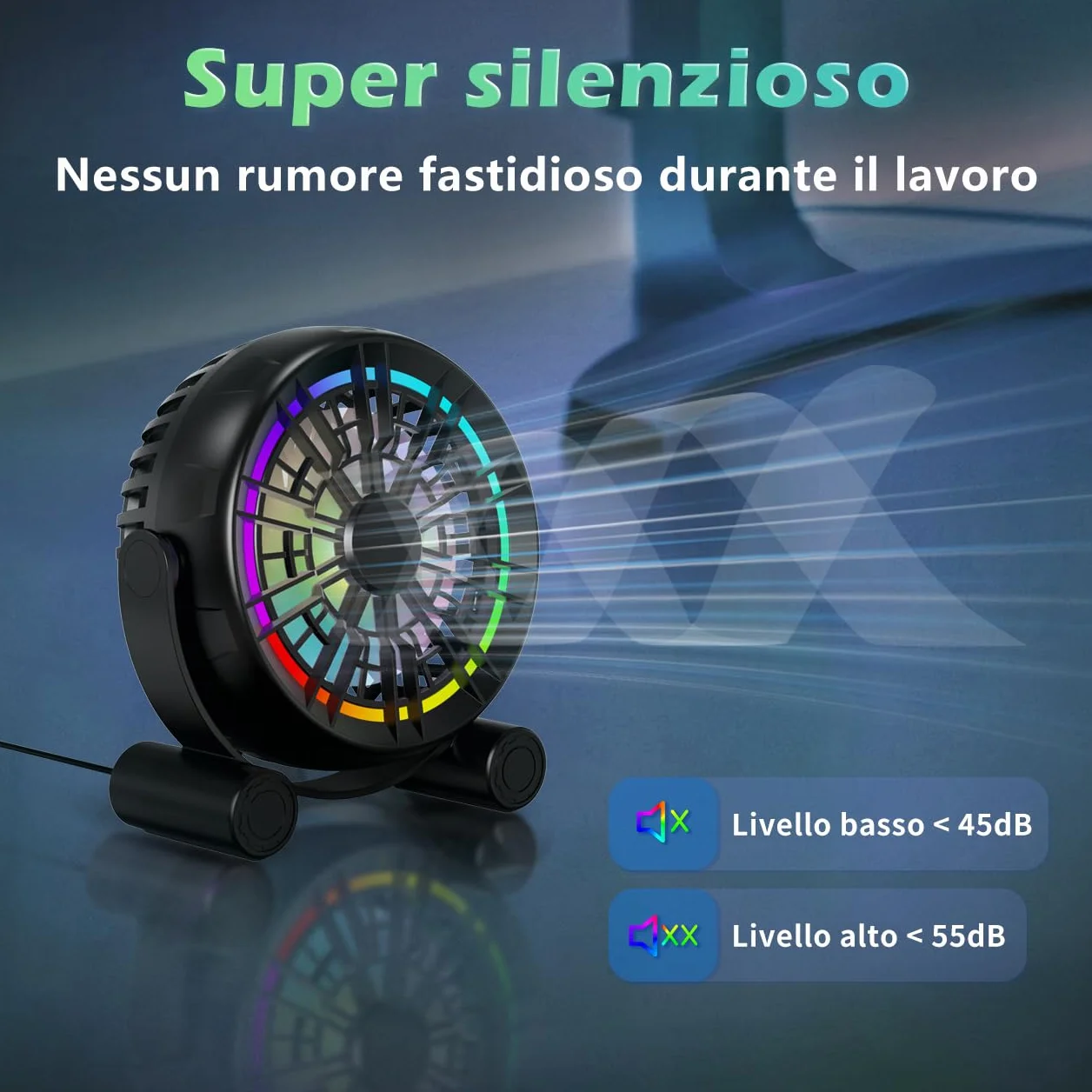 Wentylator biurkowy USB RGB – 3 prędkości, cichy, przenośny wentylator stołowy, 8 kolorów diod LED, obrót o 360°, mały wentylator do domu, biura, na biurko, do sypialni