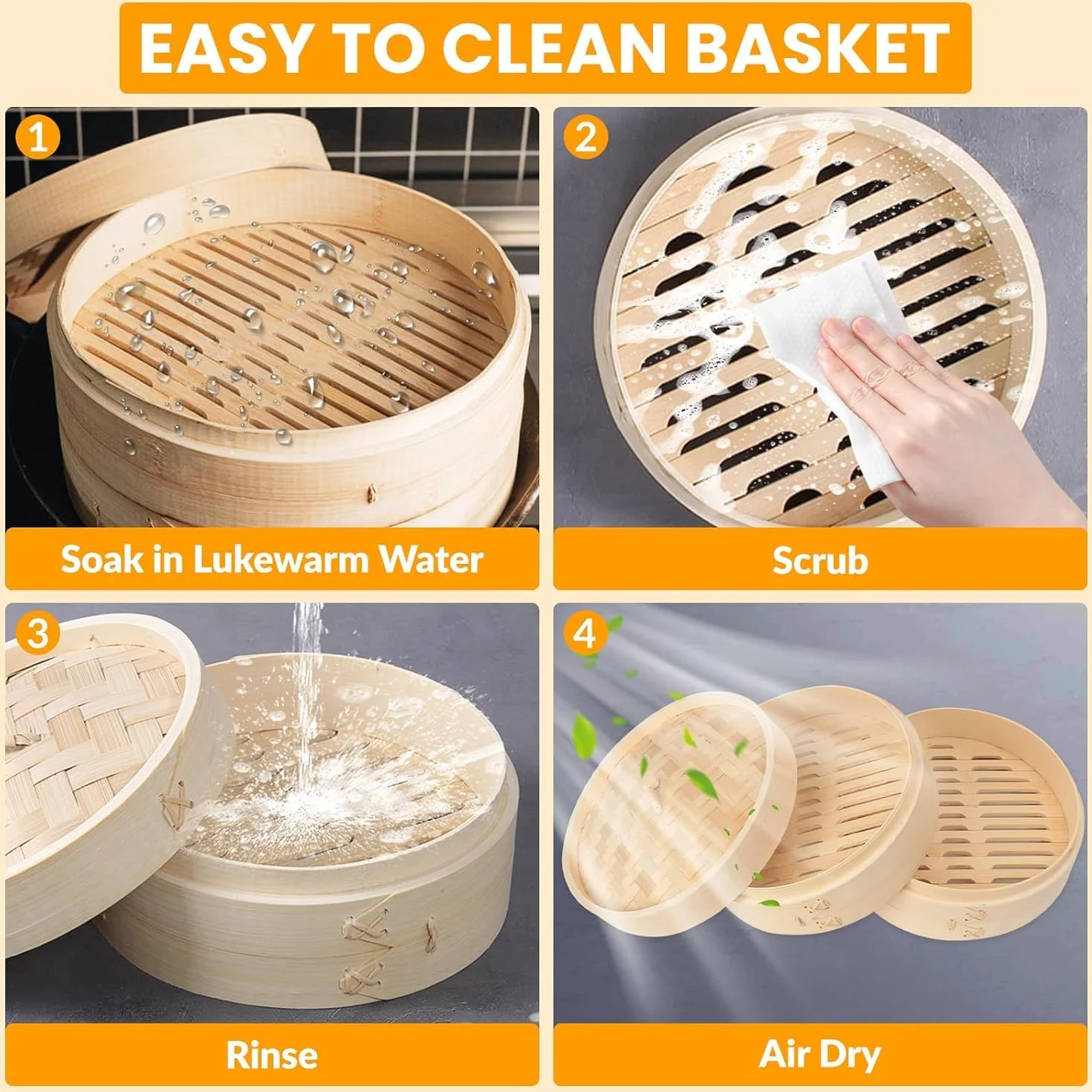 Parowar bambusowy 20 cm, 2 poziomy, do ryżu, Dim Sum, warzyw, ryb i mięsa, w zestawie 5 bawełnianych ściereczek