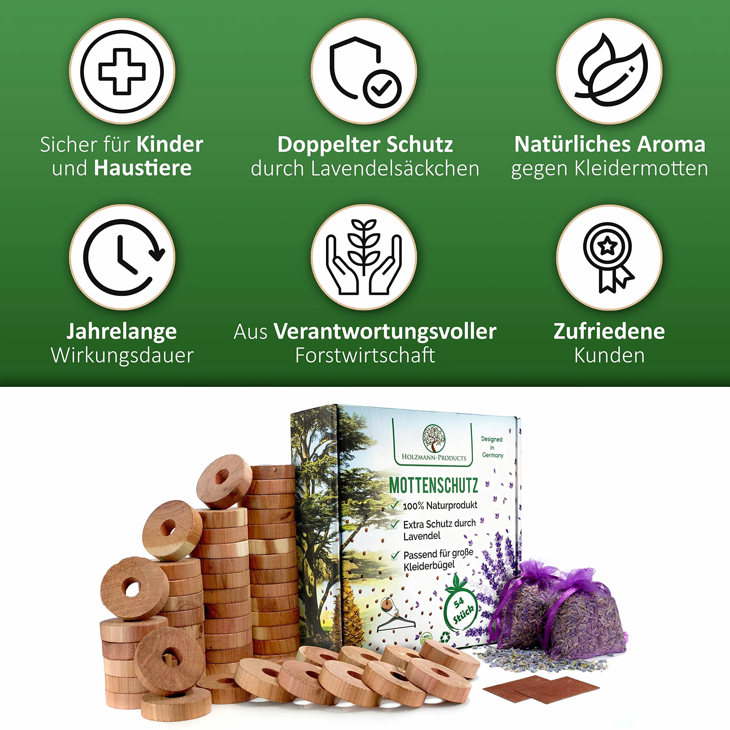 HOLZMANN zestaw 58 sztuk, ochrona przed molami z drewna cedrowego i lawendy, z papierem ściernym, drewno cedrowe, ochrona przed molami, naturalna ochrona przed molami, do szafy na ubrania, pierścienie