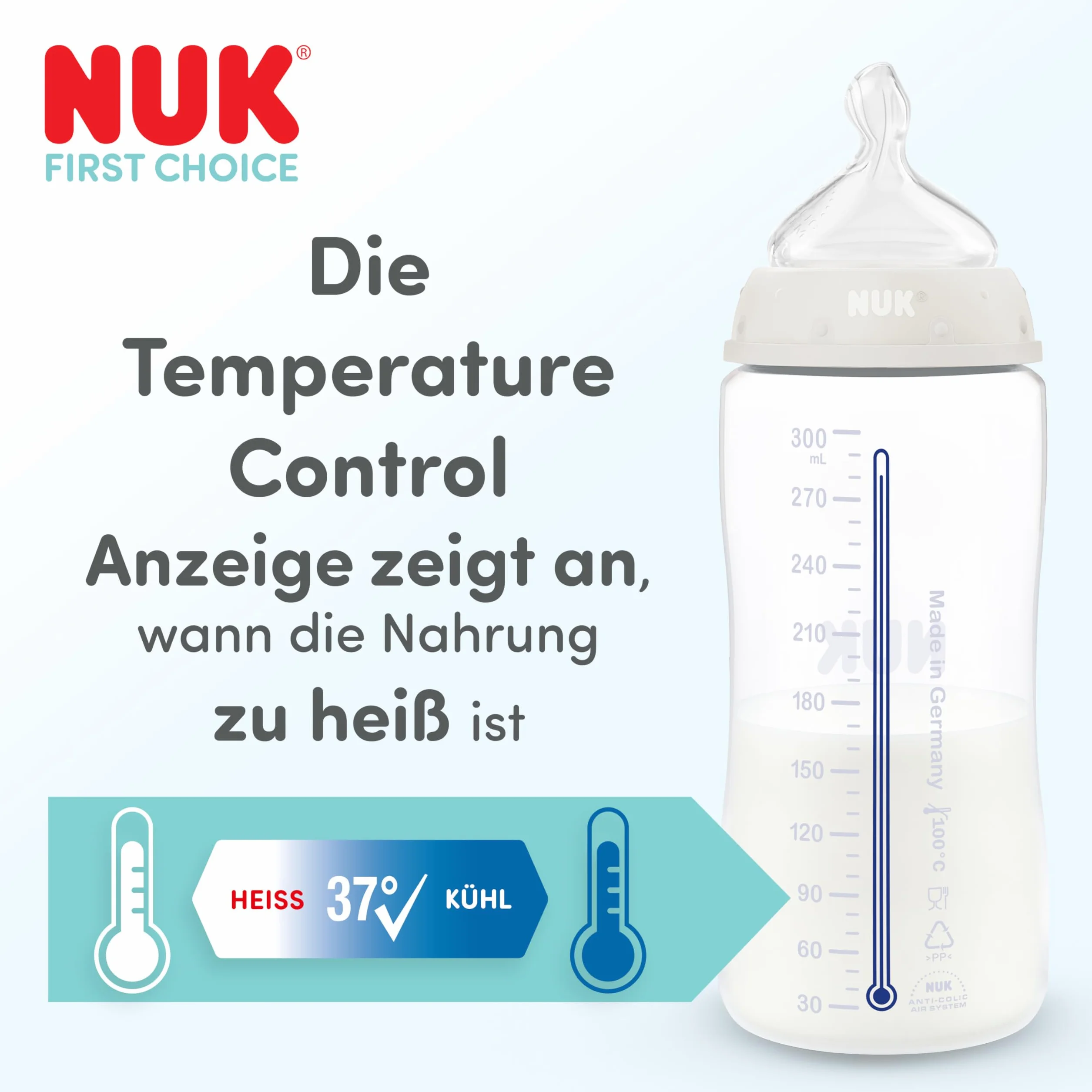 NUK First Choice Butelka dla niemowląt | 3+ miesiące | 300 ml | Butelka przeciwkolkowa | PP | Wskaźnik kontroli temperatury | Koala | 1 sztuka