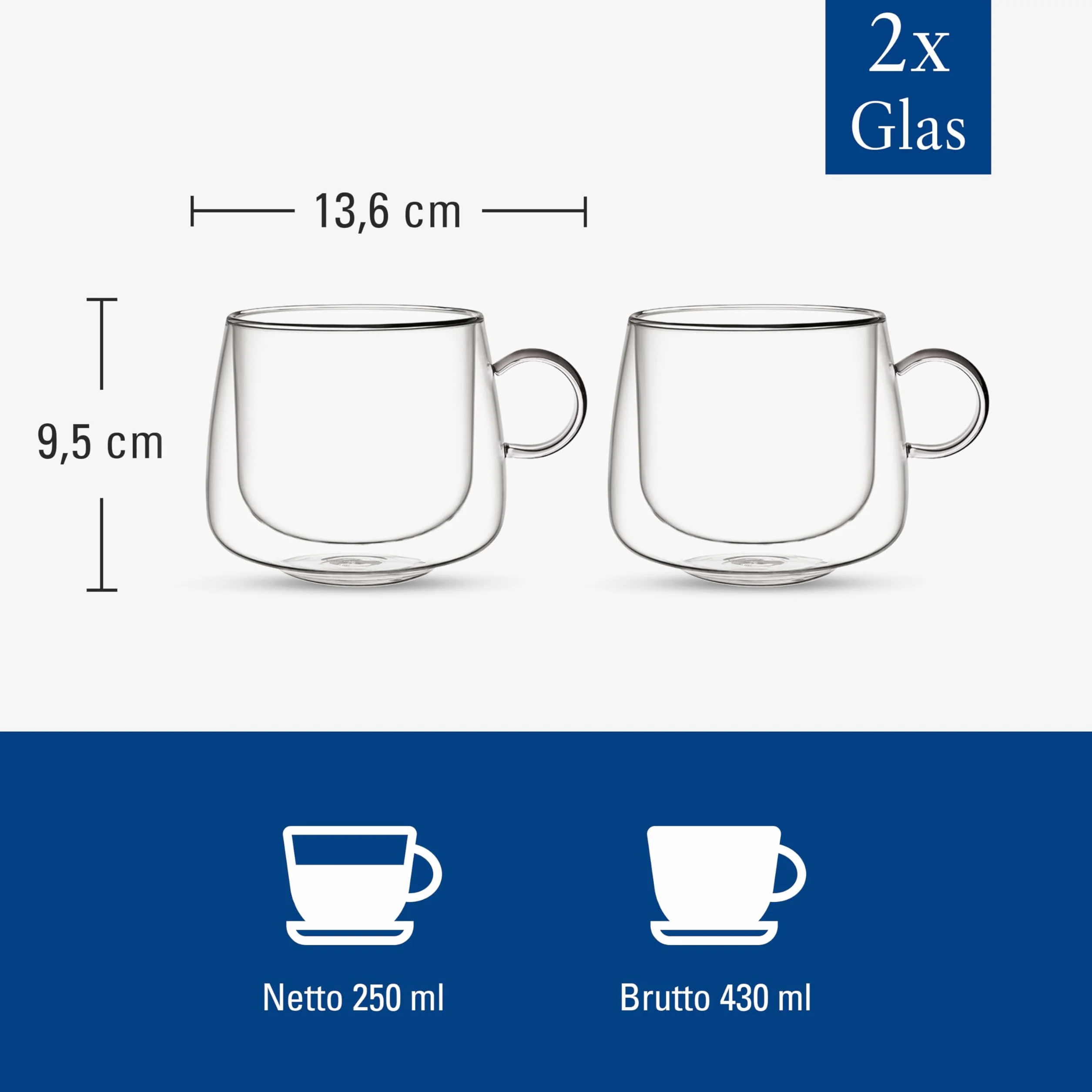 Villeroy & Boch – Artesano Hot&Cold Beverages szklanka do cappuccino, zestaw 2 szklanek, podwójne ścianki do napojów, 250 ml, szkło borokrzemowe, zmywarka, mikrofala