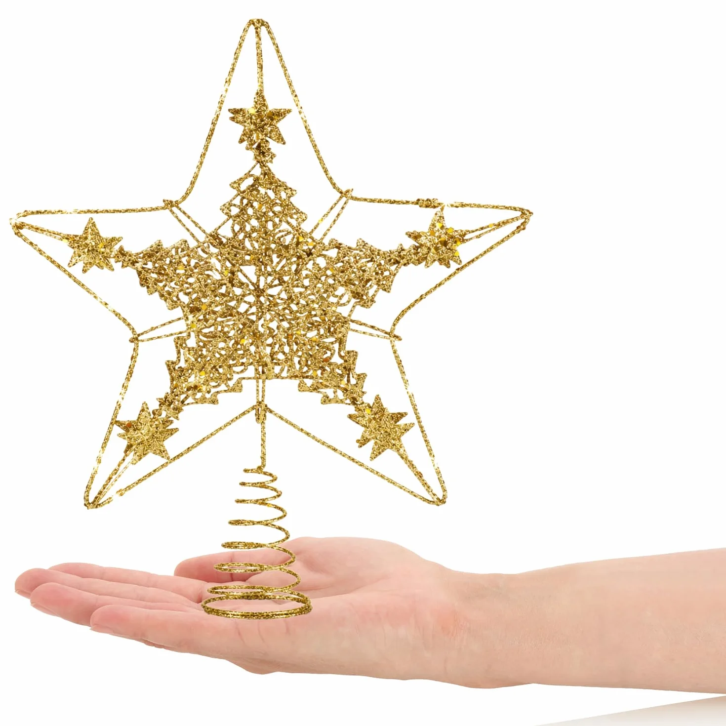 COM-FOUR® deco star Christmas - Ozdoba swiateczna gwiazda wykonana z metalu - stojaca poinsecja z brokatem - zloty wierzcholek choinki (zloty / 28cm)