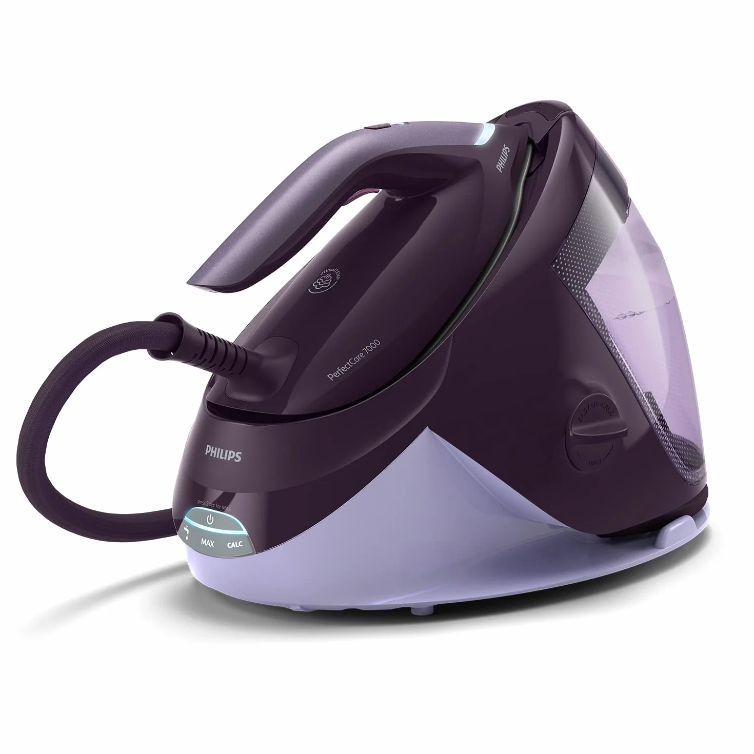 Philips Generator pary PerfectCare z serii 7000-2100W, Uderzenie pary 600g, Ciśnienie pompki 8 barów, Technologia OptimalTEMP, Zbiornik 1,8l, Fioletowy (PSG7150/30)