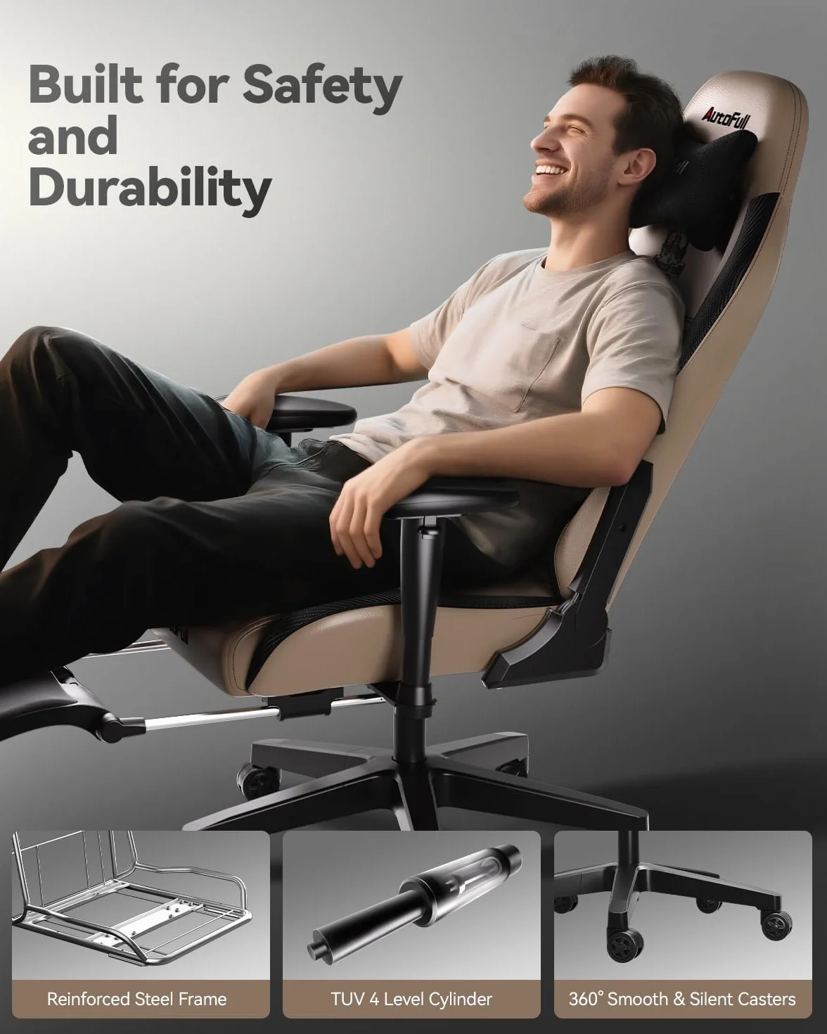 AutoFull C3 Ergonomiczny fotel biurowy z bionicznym podparciem lędźwiowym 3D, styl wyścigowy, wysokiej jakości skóra poliuretanowa, dla graczy, z podnóżkiem i zagłówkiem, brązowy