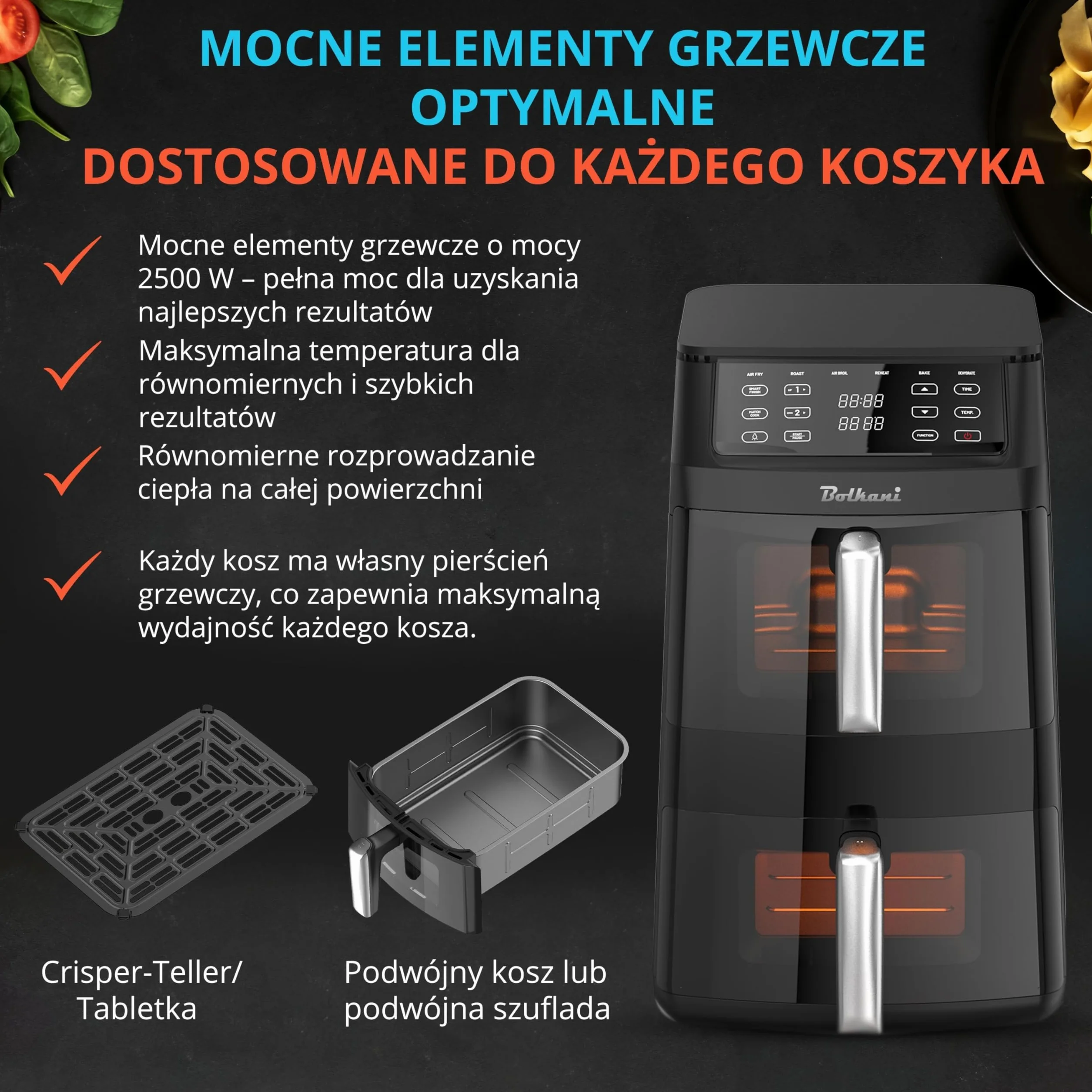 Frytkownica na gorące powietrze, 11 l, z 2 komorami i okienkiem, podwójna komora Airfryer z podwójną funkcją, automatyczne programy 6 w 1, ekran dotykowy, nieprzywierające i nadające się do