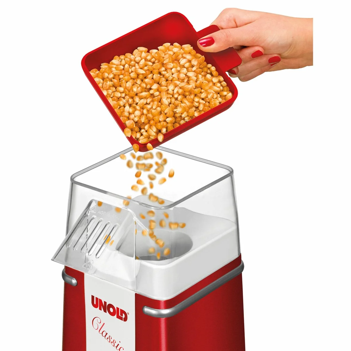 Unold 48525 Classic urządzenie do robienia popcornu – czerwony, biały, 900 W, 220 V, Movienight, bez tłuszczu i oleju, gorący popcorn, niskotłuszczowy, na imprezę