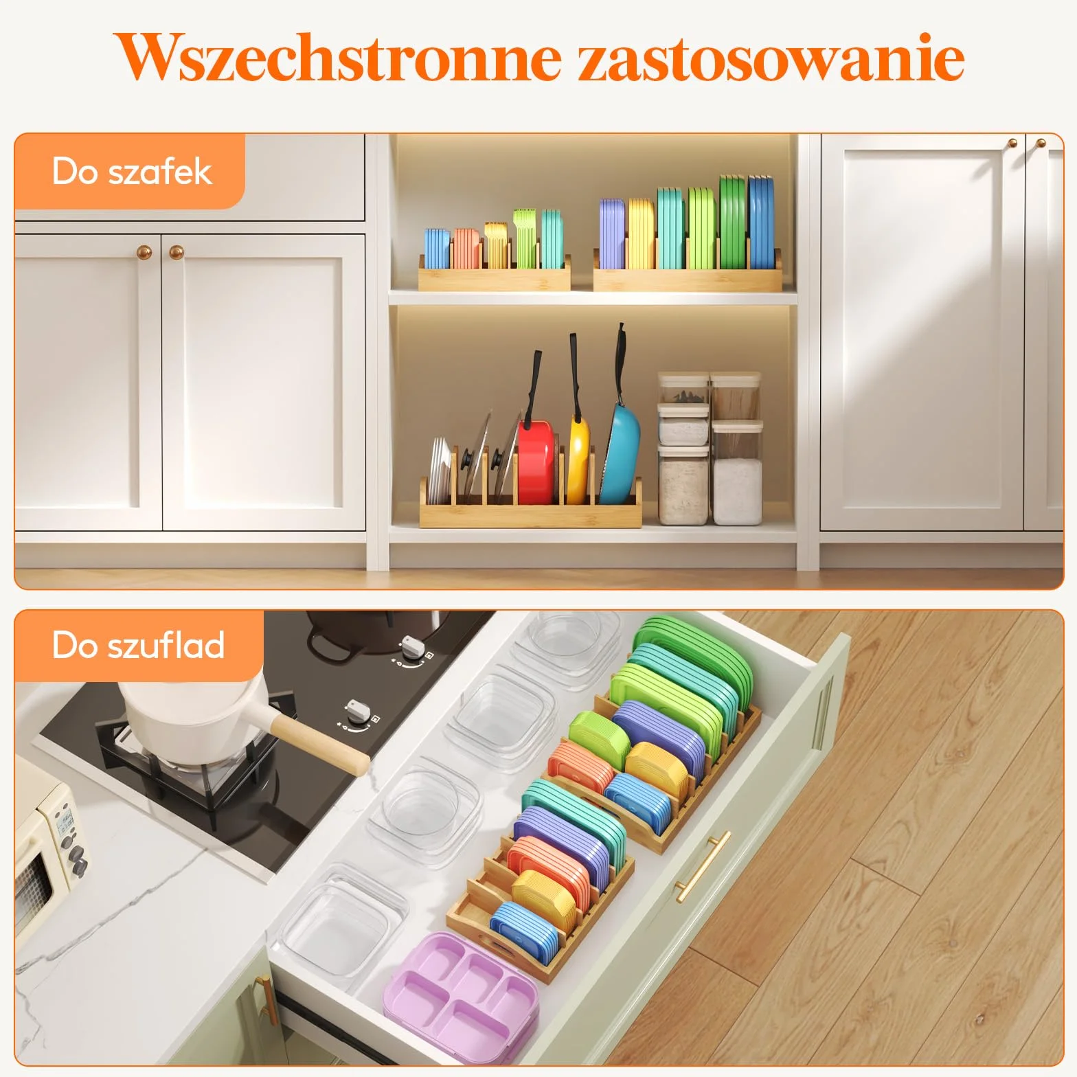 Lifewit Bambusowy stojak na pokrywki, stojak na naczynia oszczędzający miejsce z 4 regulowanymi przegródkami, stojak na pojemniki do szuflad kuchennych na żywność, 27 x 21 cm
