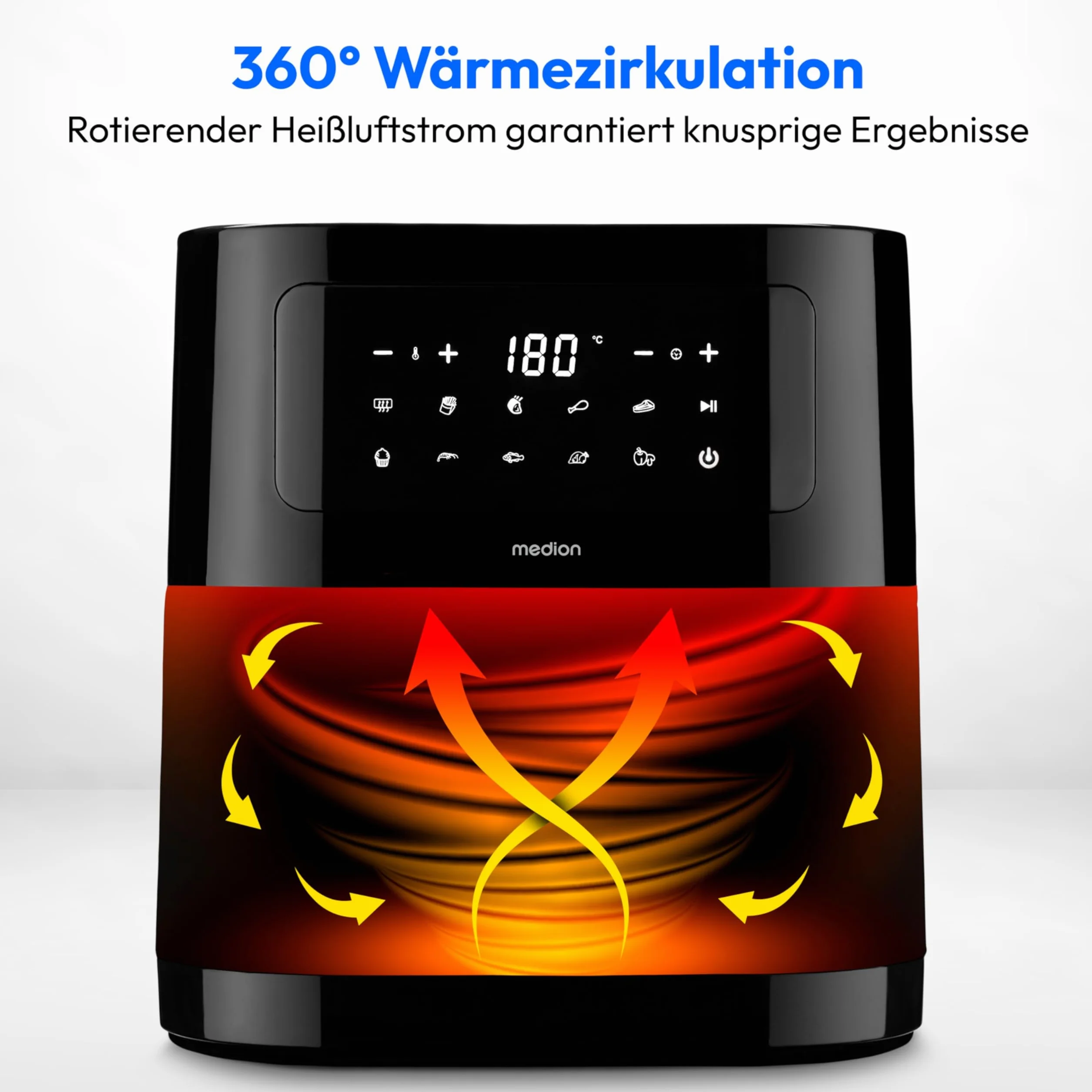 MEDION Frytkownica na gorące powietrze E40 XL (kosz XXL 5,3 l, 2150 W, 9 automatycznych programów, funkcja gotowania, smażenie bez oleju, dotykowy panel sterowania, wyświetlacz LED), kolor czarny