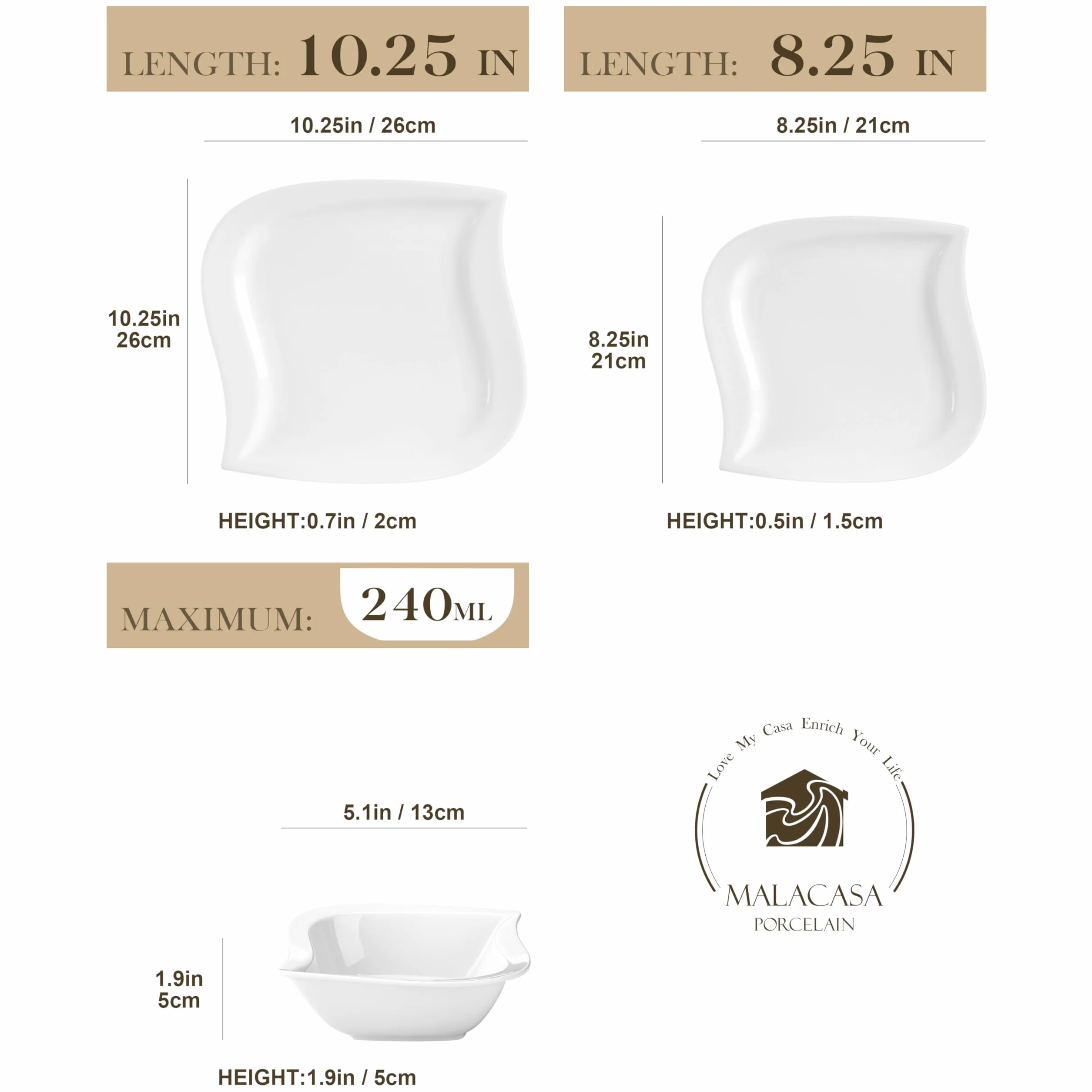 MALACASA Seria ELVIRA Zestaw naczyń z porcelany, 18-częściowy zestaw naczyń dla 6 osób z 6 talerzami obiadowymi 26 cm, 6 talerzykami deserowymi 21 cm, 6 miseczek na zupę 240 ml, białe