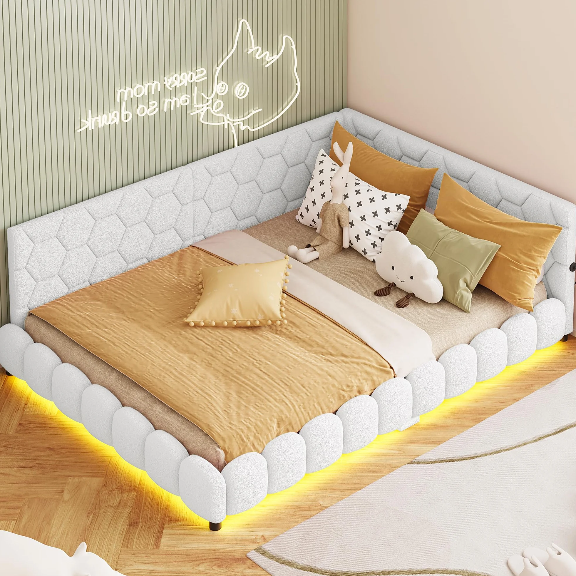 Łóżko tapicerowane z funkcją spania 140 x 200 cm z oświetleniem LED, łóżko dzienne ze stacją ładującą USB & Type-C, łóżko młodzieżowe w kształcie litery L, stelaż łóżka, bez materaca