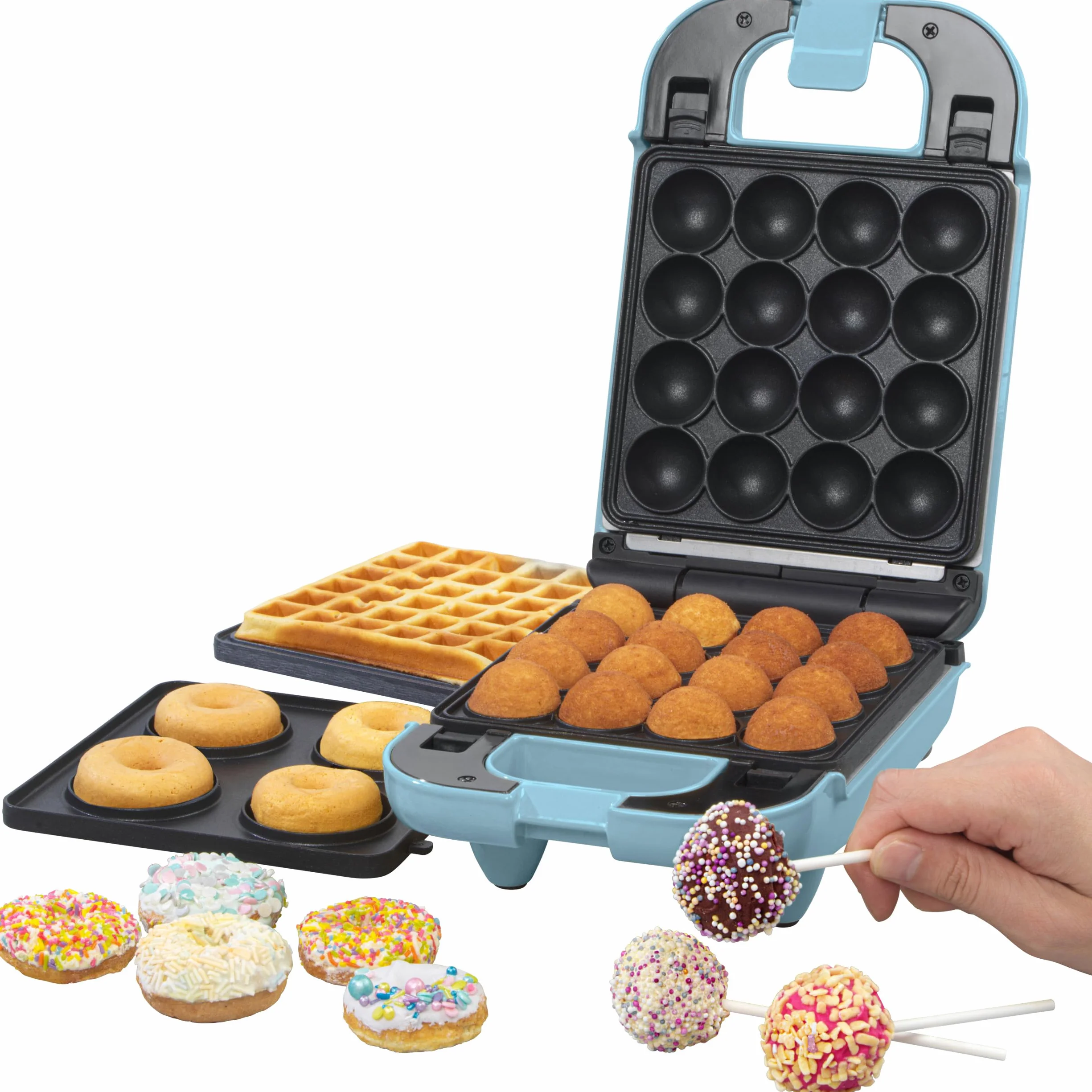 Giles & Posner 3-w-1 Mini Treat Maker – Paczki, Kulki Ciastowe, Gofrownica, Wyjmowane Nieprzywierajace Talerze Kuchenna, Latwe Czyszczenie, Kompaktowy, Wypieki dla Dzieci, Pastelowa Niebieska, 650 W
