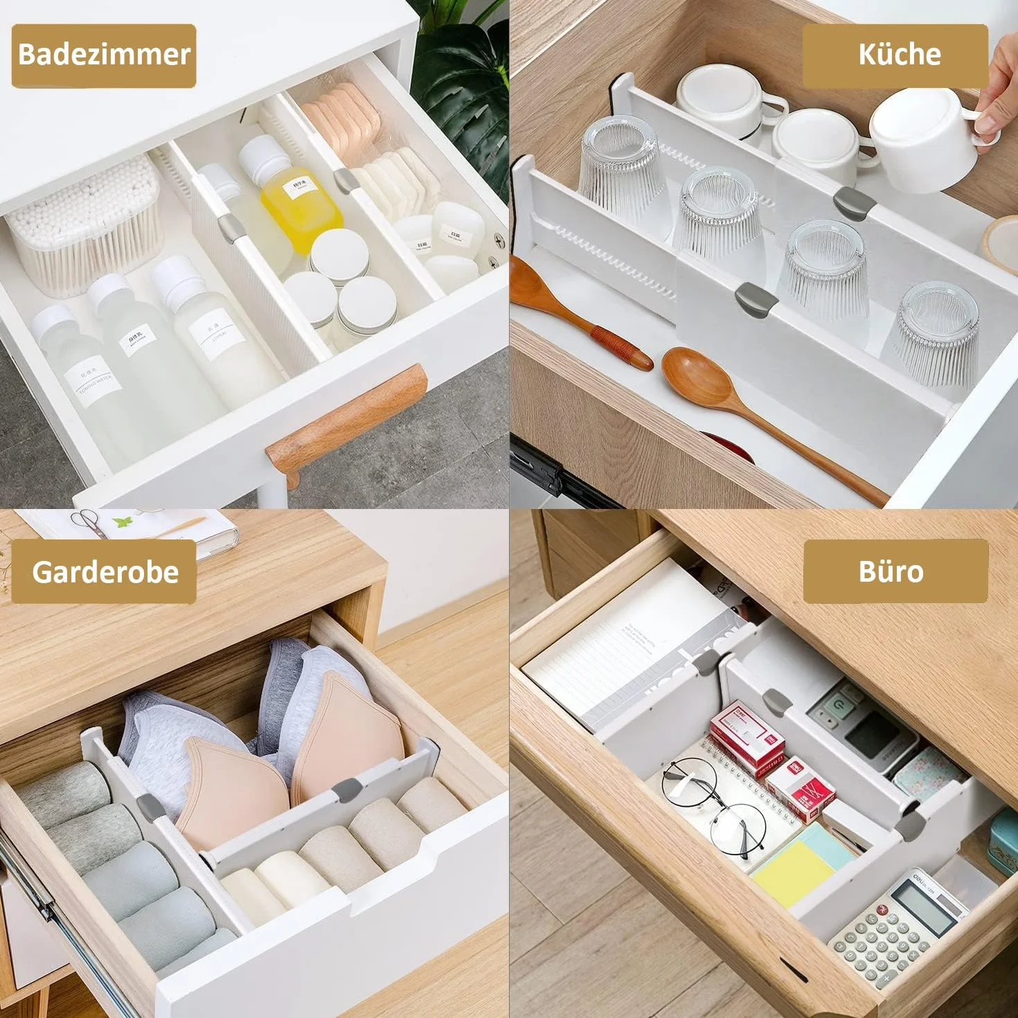 SENENQU Zestaw 4 separatorów szuflad kuchennych, regulowane, 33,2-55 cm, plastikowy rozdzielacz szuflad, wysokość - 12,7 cm, organizer do szuflad do kuchni, komody, łazienki, sypialni (biały)