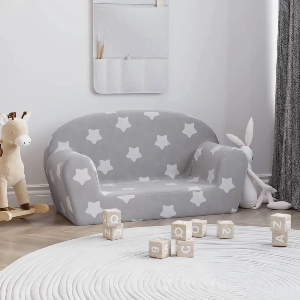 Sofa dziecięca 2-osobowa, jasnoszara z gwiazdkami, miękka ławka do siedzenia do pokoju dziecięcego, zdejmowana poszewka, poduszka piankowa, wygodna do czytania, zabawy, relaksu w pokoju