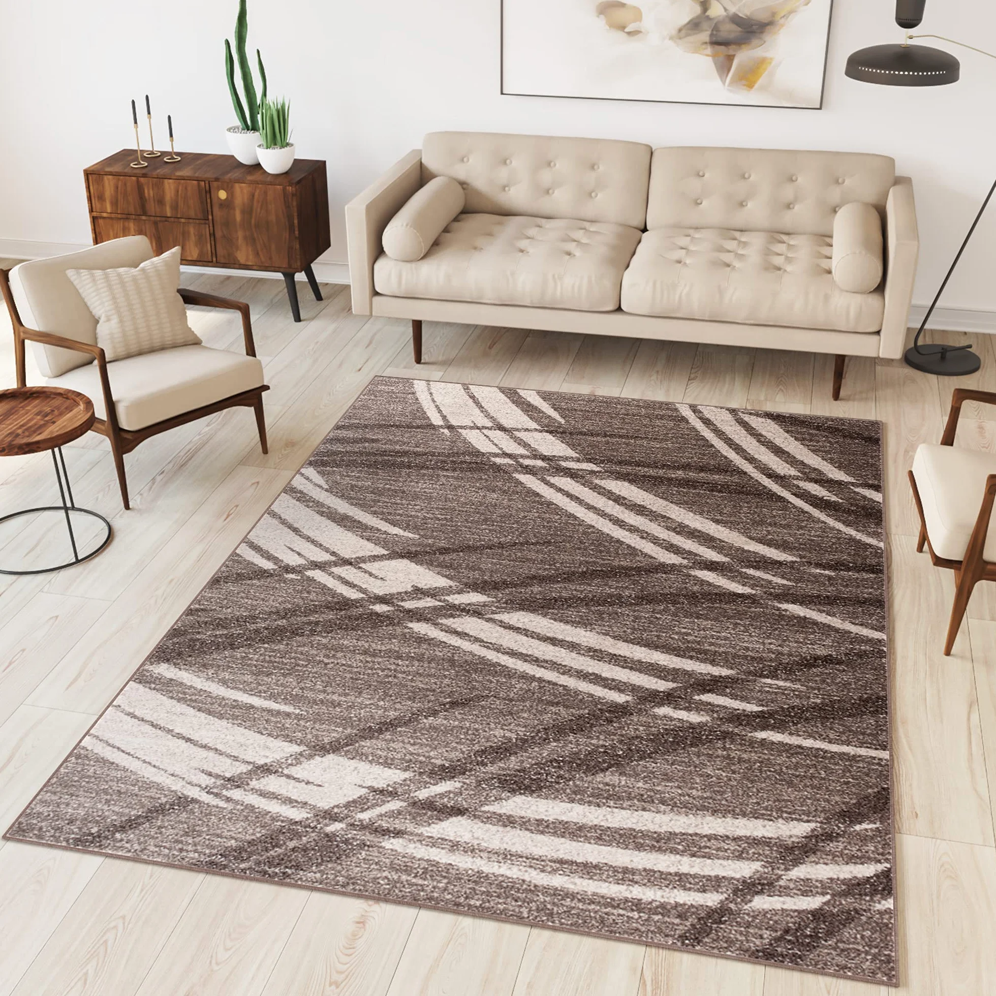 Tapiso Sari dywan z krótkim włosiem, nowoczesny, melanż, brązowy, beżowy, paski, fale, do salonu, sypialni, Ökotex 180 x 260 cm